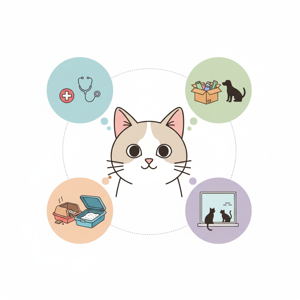 A stylized, flat illustration depicting the various reasons a cat might urinate outside its litter box. A friendly-looking, neutral cat figure is positioned centrally. Around the cat, several interconnected visual elements or thought bubbles illustrate different causes: a tiny stethoscope next to a medical cross icon (representing medical issues), a cluttered moving box and a silhouette of another pet (symbolizing stress/anxiety), a small, dirty litter box contrasted with a clean, spacious one (indicating litter box problems), and a cat silhouette looking out a window at another cat silhouette (for territorial marking). The color palette should be calm and informative, using a clean, vector art style suitable for an infographic.