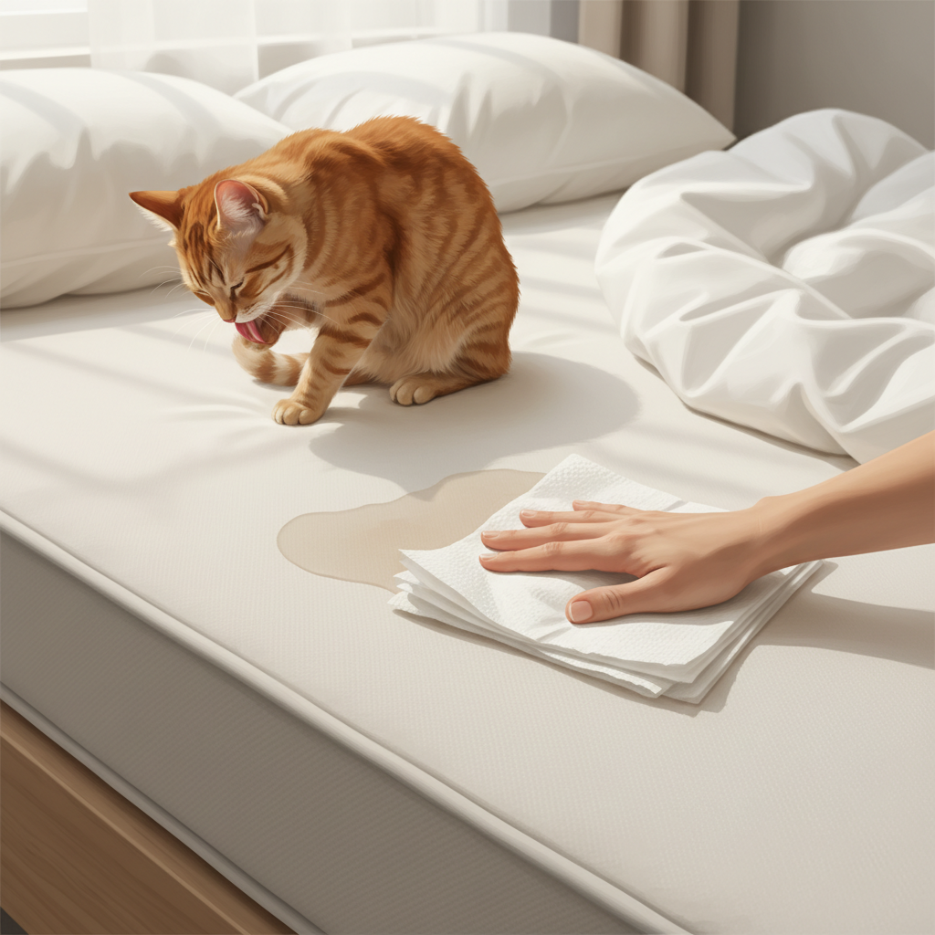 A close-up, slightly elevated view showing a subtle wet spot on a light-colored mattress. A fluffy, domestic short-haired cat (e.g., tabby or ginger) sits innocently nearby, perhaps looking away or cleaning itself. A human hand, holding a stack of clean, white paper towels, gently but firmly dabs the wet area, absorbing liquid. The scene conveys the initial discovery and the immediate, careful action taken to address the urine stain. The overall aesthetic is a clean, modern, soft-focus photo illustration with gentle natural light.