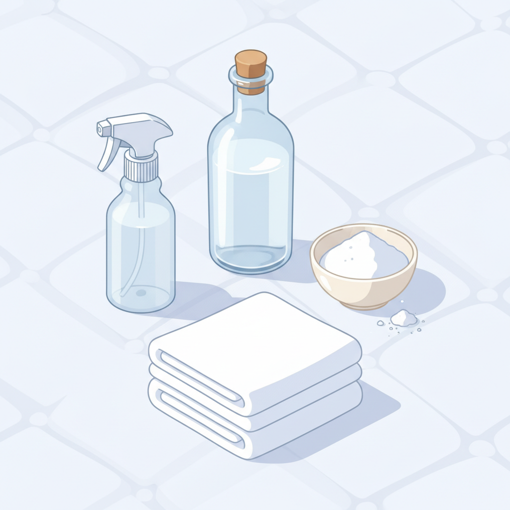 A bright, clean flat lay illustration showcasing the essential homemade cleaning supplies for mattress stain removal. Prominently featured are a clear glass bottle of white vinegar, a small ceramic bowl overflowing with baking soda (Natron), a generic spray bottle, and a stack of folded clean white or light-colored towels. These items are neatly arranged on a stylized, slightly textured mattress surface, suggesting readiness for action. The style is crisp, with soft shadows and a focus on the natural textures of the materials, highlighting their simplicity and effectiveness.