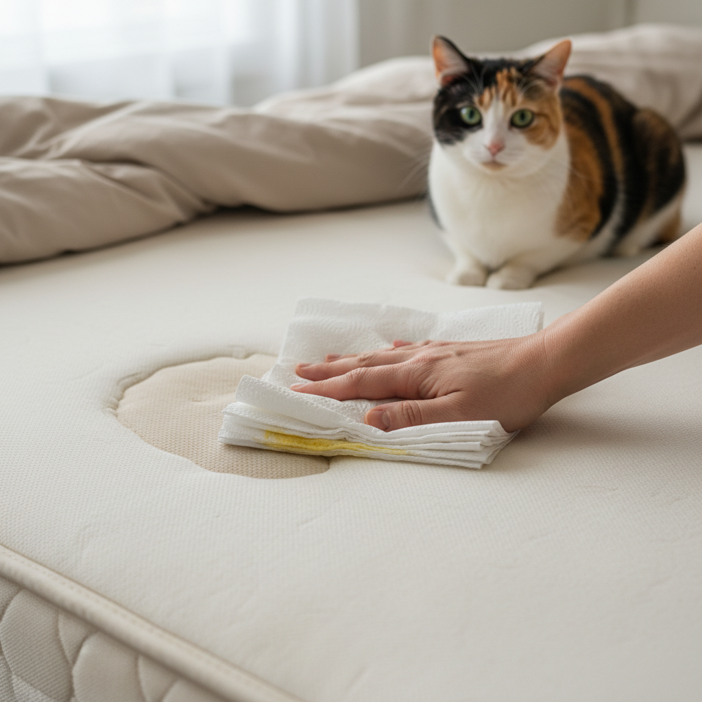 A close-up, slightly overhead view of a bedroom mattress. On the mattress, there's a damp, slightly discolored oval spot, indicating fresh cat urine. A human hand, clearly showing urgency, is pressing a stack of white, absorbent paper towels firmly onto the wet area, attempting to soak up the liquid. In the background, slightly out of focus, a domestic short-haired cat with a somewhat sheepish or concerned expression observes the scene from a distance. The lighting is soft and natural, suggesting a home environment. The overall style should be a professional, clean photo, suitable for a practical guide.
