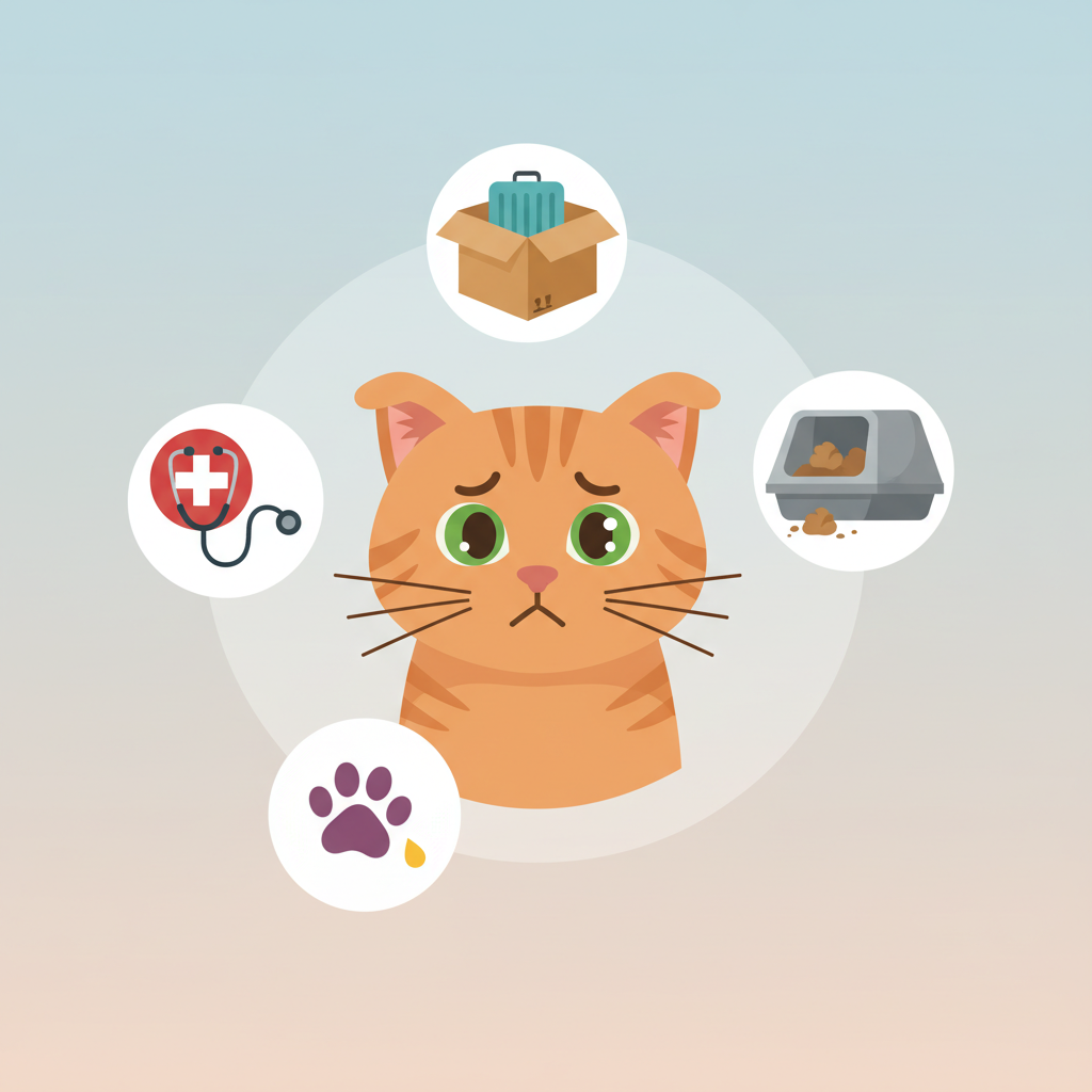 A stylized, flat illustration depicting the various reasons a cat might urinate outside its litter box. The central element is a domestic cat with a slightly worried or stressed expression, surrounded by several distinct, clear visual icons. These icons include a small medical cross or stethoscope (representing health issues), a moving box or packed suitcase (stress/change), a visibly dirty or overflowing litter box (litter box problems), and a territorial symbol like a paw print or a small spray icon (marking behavior). The background is clean and simple, perhaps a subtle light color gradient. The color palette is modern and warm, emphasizing clarity and visual storytelling in a vector art style.