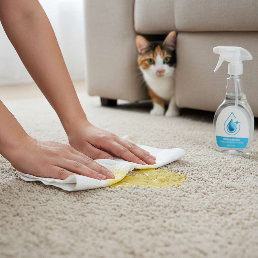 A close-up, slightly elevated perspective of a person's hands actively blotting a fresh, damp yellow stain on a beige carpet with white paper towels. A generic spray bottle with a cleaning product icon rests nearby. In the soft-focus background, a curious domestic short-haired cat with observant eyes peeks from behind a sofa, subtly watching the cleaning process. The scene should convey urgency and effective action in a typical home setting. Professional photo, clean and bright lighting, realistic textures.