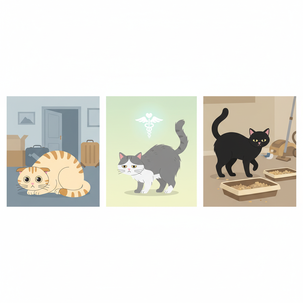 A multi-panel flat illustration depicting various reasons for a cat urinating outside the litter box. Panel 1 shows a cat with flattened ears and wide eyes, looking anxious amidst blurry background elements suggesting chaos or change (e.g., moving boxes). Panel 2 features a slightly hunched cat with a stylized medical symbol floating gently above it, indicating illness. Panel 3 presents a cat hesitantly approaching a visually unappealing litter box (e.g., overflowing, too small, or poorly placed in a busy area). The overall composition is clean and uses a soft, reassuring color palette. Infographic style, vector art.