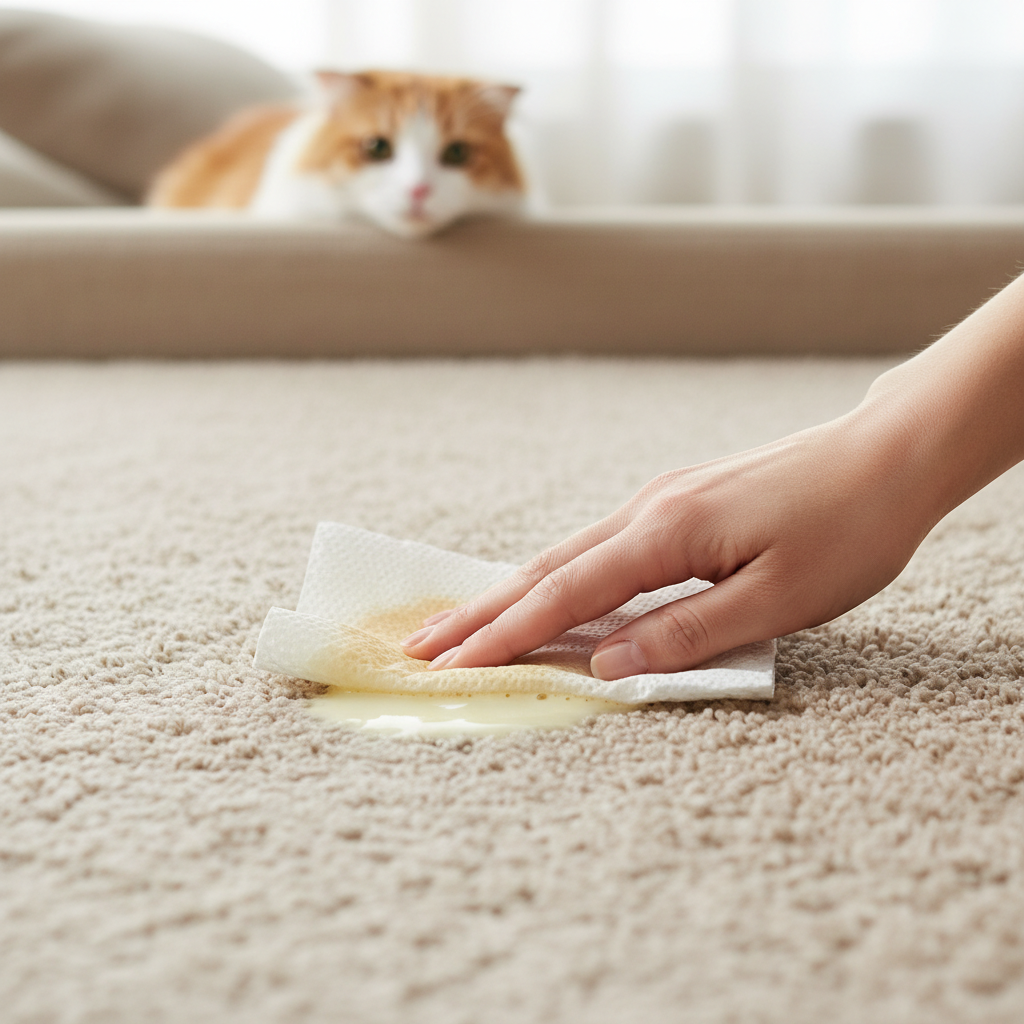 A close-up, professional photograph showing a light-colored, absorbent paper towel being pressed gently onto a fresh, slightly damp urine stain on a beige, plush carpet. In the blurred background, a soft, fluffy cat is partially visible, looking slightly sheepish or curious. The scene should convey a sense of immediate action and a practical, clean approach to a common pet problem. The lighting should be bright and natural, highlighting the texture of the carpet and the absorbency of the paper, without any identifiable brand logos.