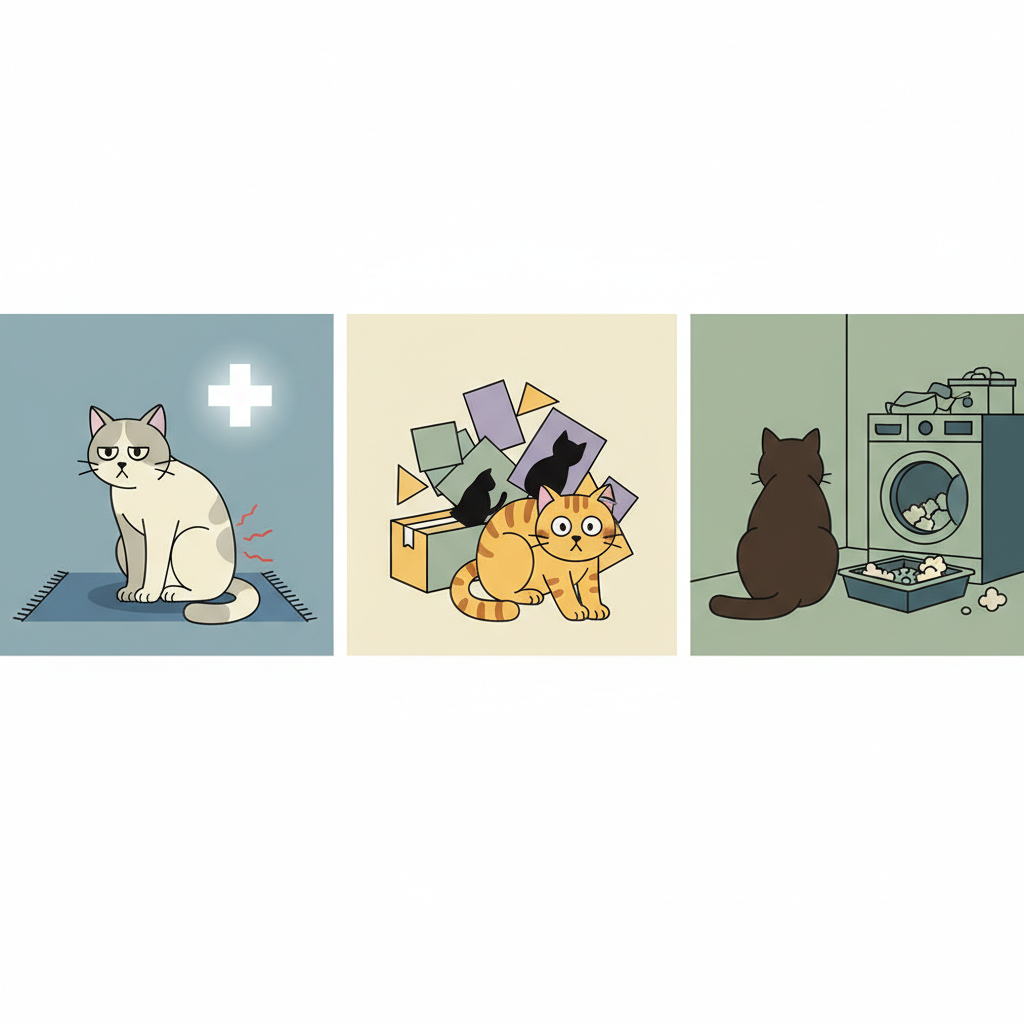 A detailed flat illustration depicting a multi-faceted scene explaining potential reasons a cat might urinate outside its litter box. On one side, a cat shows subtle signs of discomfort or pain (e.g., hunched posture, furrowed brow), indicating medical issues. In the center, another cat looks stressed or anxious, with abstract representations of change or conflict in the background (e.g., subtle overlapping shapes). On the third side, a poorly maintained, too-small, or inconveniently located litter box is shown, with a cat pointedly ignoring it. The overall style should be clean, clear, and use soft, harmonious colors.