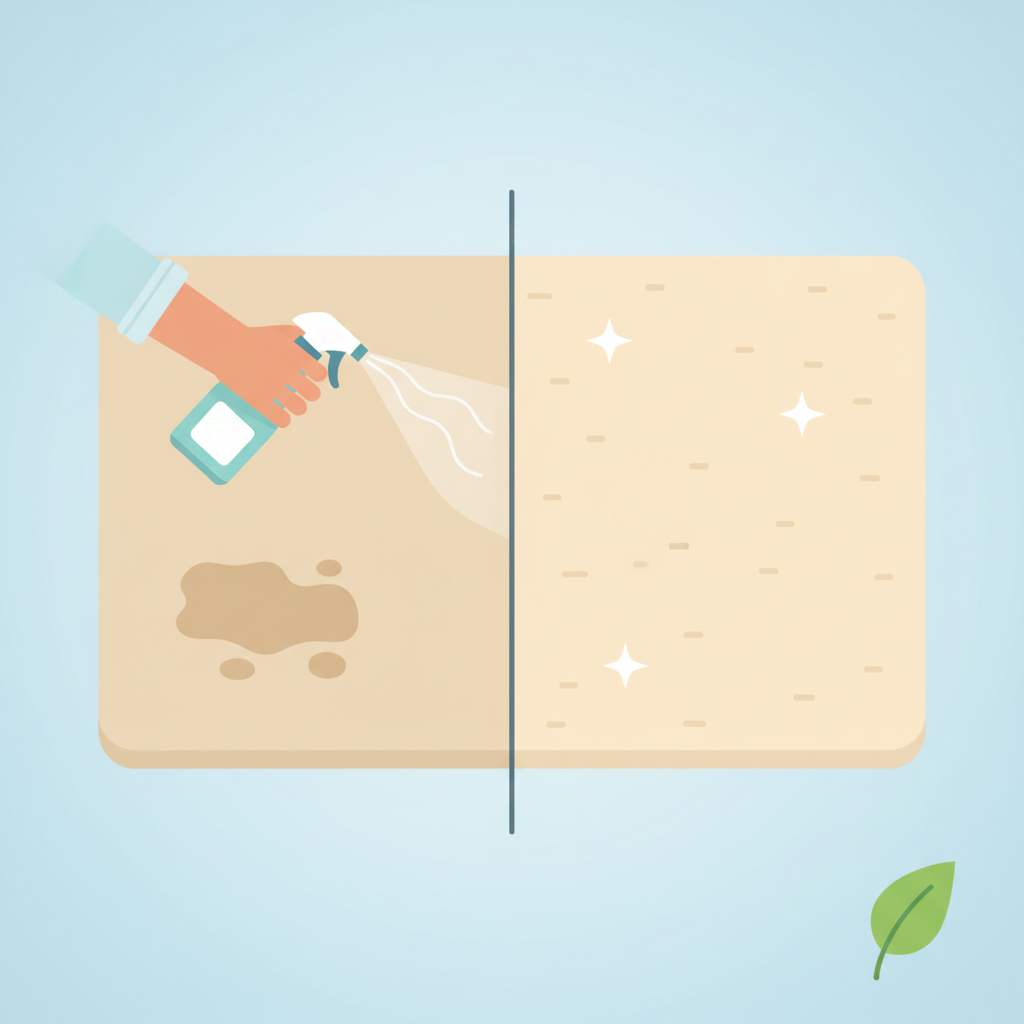 A vibrant flat illustration in an infographic style, depicting a 'before and after' scenario for carpet cleaning. On the left, a neutral-colored carpet patch with a noticeable, subtle stain. An arm holding a spray bottle is shown applying a clear liquid solution directly onto the stain. On the right, the same carpet patch appears visibly clean, fresh, and restored, with no stain remaining. Subtle visual cues like gentle 'sparkle' lines or a fresh leaf icon could subtly suggest cleanliness and odor removal. The colors are clean and friendly.
