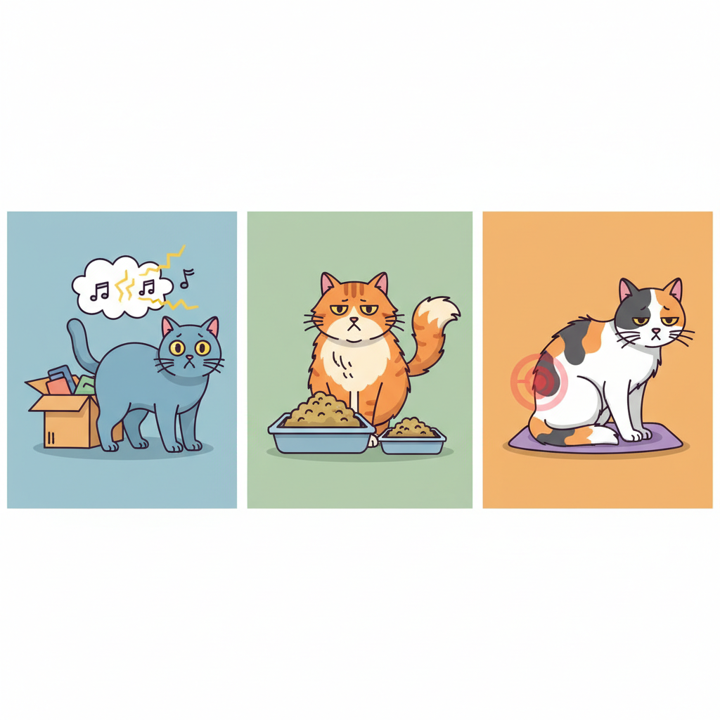 A multi-panel infographic-style illustration presenting three distinct reasons for a cat peeing outside its litter box. The first panel shows a cat looking anxious near a partially packed moving box or a shadowy, abstract representation of a loud noise. The second panel features a cat looking displeased next to an overflowing or very small litter box. The third panel depicts a cat looking a bit unwell or hunched, perhaps with a subtle, abstract representation of discomfort, suggesting a medical issue. The panels are visually separated but cohere, conveying different causes. Style: Clean, modern, vibrant flat illustration with clear visual metaphors and a friendly, informative tone.