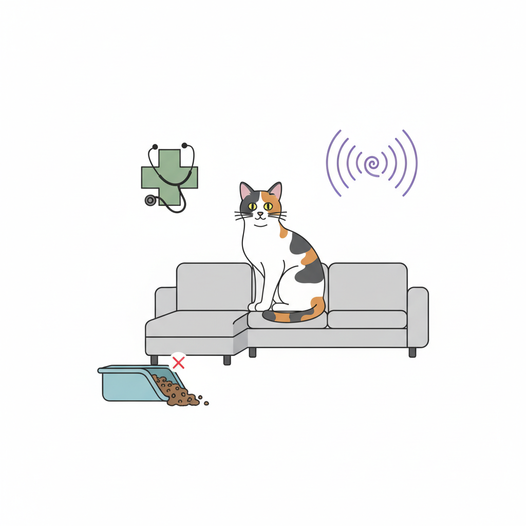 A clean, modern flat illustration with clear, simple iconography. The central element is a stylized domestic cat sitting comfortably on a minimalist representation of a couch. Around the cat, three distinct, abstract icons float, each clearly representing a potential reason for inappropriate urination. One icon depicts a subtle medical cross or a simplified vet's stethoscope, suggesting health issues. Another illustrates a basic litter box that appears dirty, too small, or otherwise unsuitable. The third icon showcases abstract wavy lines or a subtle, non-distressing 'stress' symbol, indicating environmental stress factors. The color palette should be clean, muted, and easily digestible.