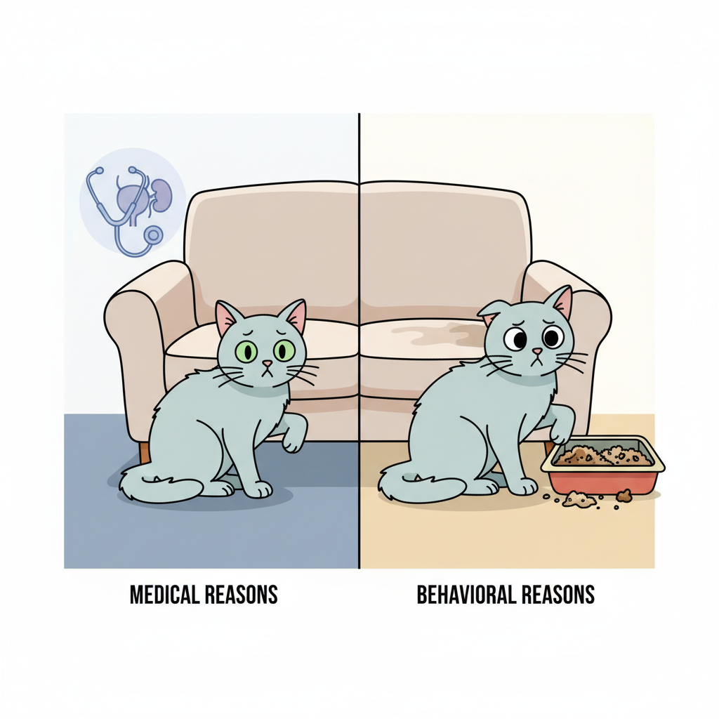 Eine konzeptionelle Illustration, die eine geteilte oder mehrteilige Anordnung verwendet, um die verschiedenen Gründe visuell darzustellen, warum eine Katze auf ein Sofa urinieren könnte. Auf einer Seite ist eine ängstlich aussehende Katze neben einem Sofa, mit subtilen visuellen Hinweisen auf medizinische Probleme (z.B. eine schwache, leuchtende Nierenform oder ein Blasensymbol, das über der Katze schwebt, oder ein Tierarztstethoskop-Symbol). Auf der anderen Seite zeigt dieselbe Katze Anzeichen von Stress (z.B. weit geöffnete Augen, geduckte Haltung) oder betrachtet ein unordentliches oder zu kleines Katzenklo, das Verhaltensprobleme symbolisiert. Der Hintergrund ist einfach und übersichtlich, um die Katze und die zugrunde liegenden Ursachen hervorzuheben. Der Stil sollte moderne Vektorgrafiken mit klaren, ausdrucksstarken Elementen sein.