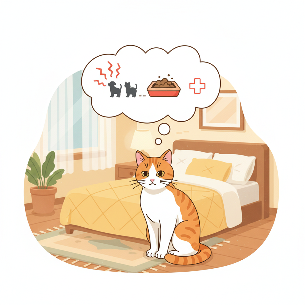A warm, inviting flat illustration of a bedroom scene, subtly hinting at various reasons a cat might urinate outside its litter box. A domestic short-haired cat sits near the edge of a clean bed, looking slightly anxious or withdrawn. In a stylized thought bubble above its head, abstract visual symbols represent potential stressors (e.g., jagged lines, a small, subtle depiction of a new pet's silhouette), an unappealing litter box (e.g., an icon of an overflowing or dirty litter box in the distance), and a small, delicate medical cross symbol indicating health concerns. The room is tidy but the cat's posture and the symbolic thought bubble convey its underlying issues, without being overly dramatic. The overall mood is empathetic and informative.