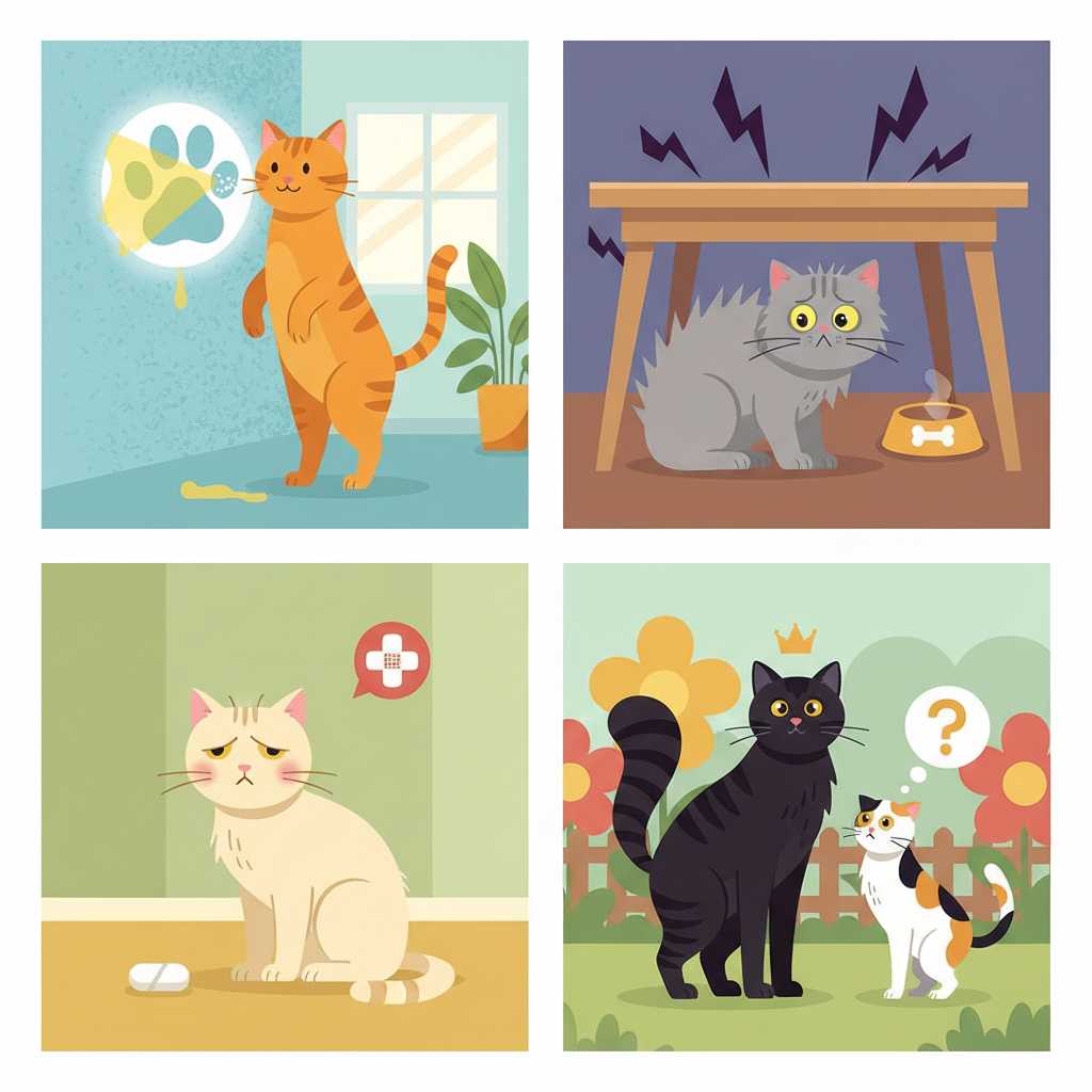 A vibrant, multi-panel flat illustration depicting the various reasons cats mark their territory. Panel 1: A cat confidently spraying on a wall with a subtle 'territory' symbol (e.g., a paw print boundary). Panel 2: A stressed cat hiding under a table with visual cues of anxiety (e.g., abstract jagged lines or shadows). Panel 3: A cat looking unwell, perhaps near a subtle medical symbol (e.g., a small cross or band-aid icon). Panel 4: Two cats interacting with clear social cues, one asserting presence, the other reacting. The overall color palette should be bright and engaging, using clear visual metaphors for each reason.