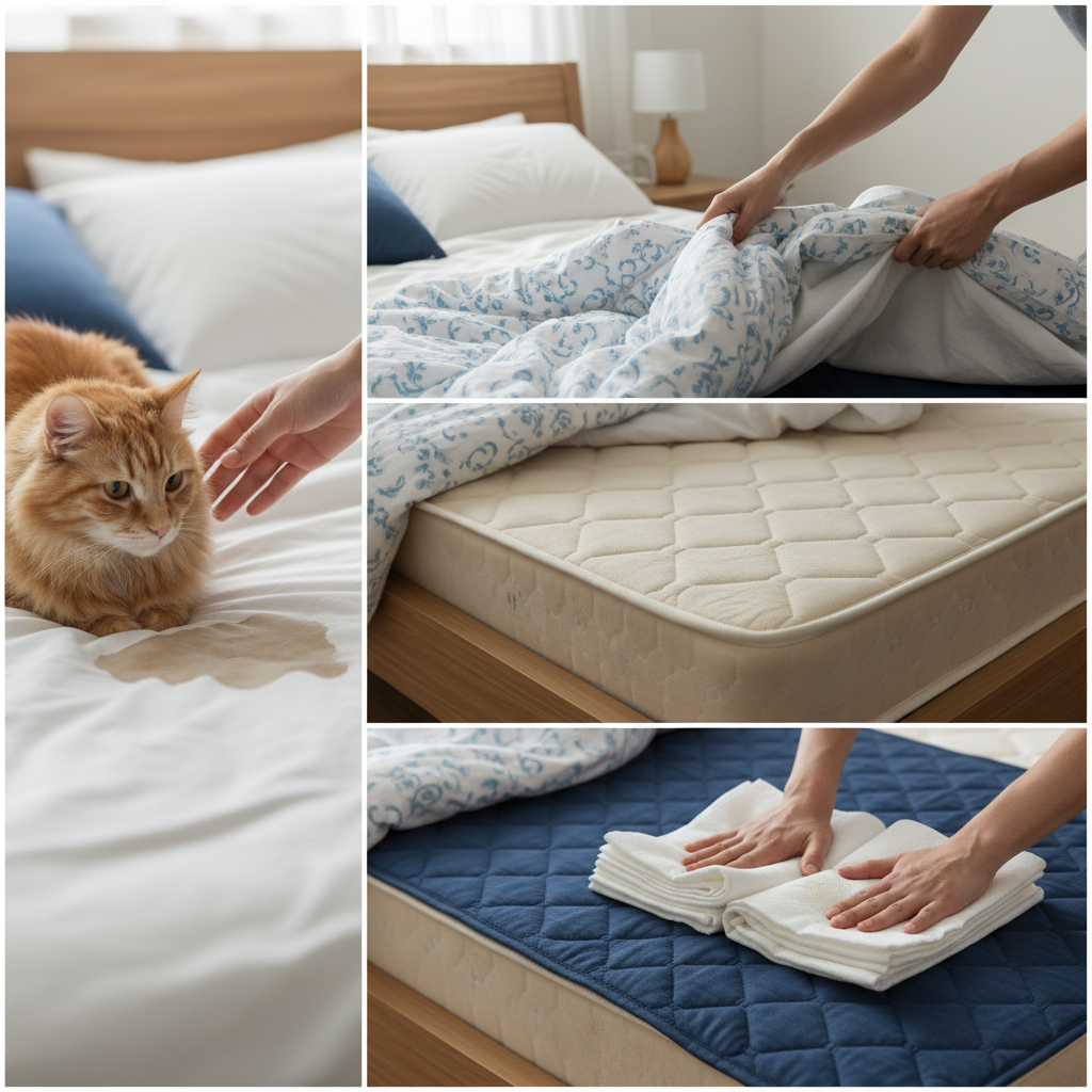 A sequence of three professional, brightly lit photos or a triptych showcasing the immediate actions to take when a cat has urinated in bed. The first image shows a gentle hand reassuringly moving a cat away from a wet spot on a bed, focusing on the calm interaction. The second image illustrates hands quickly stripping off soiled bed sheets and duvet covers from the mattress. The third image features hands firmly pressing a stack of absorbent paper towels or clean cloths onto the wet mattress to soak up the liquid. The setting is a cozy, tidy bedroom. No text.