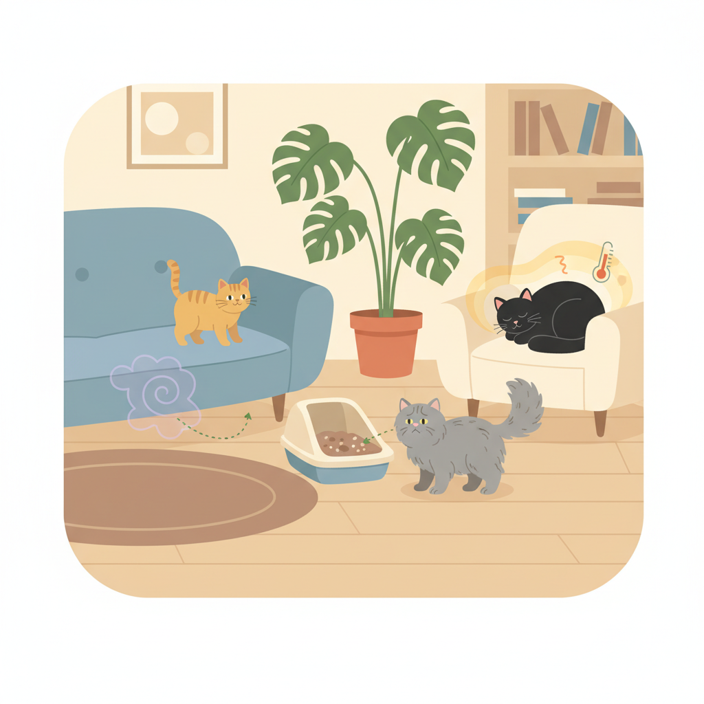 A vibrant, flat illustration depicting a cozy home interior with various elements indicating common cat odor sources. In one corner, a cat subtly raises its tail near a sofa leg, suggesting territory marking, with a faint, swirling odor graphic. Nearby, a hesitant cat observes a slightly overflowing litter box, emphasizing poor hygiene. In another area, a minimalist symbol of illness, perhaps a cat looking a bit lethargic with a subtle, abstract aura, represents health issues. The overall scene should be clean and friendly, using soft, inviting colors, ensuring no explicit urine puddles or offensive imagery, just hints of the issues.