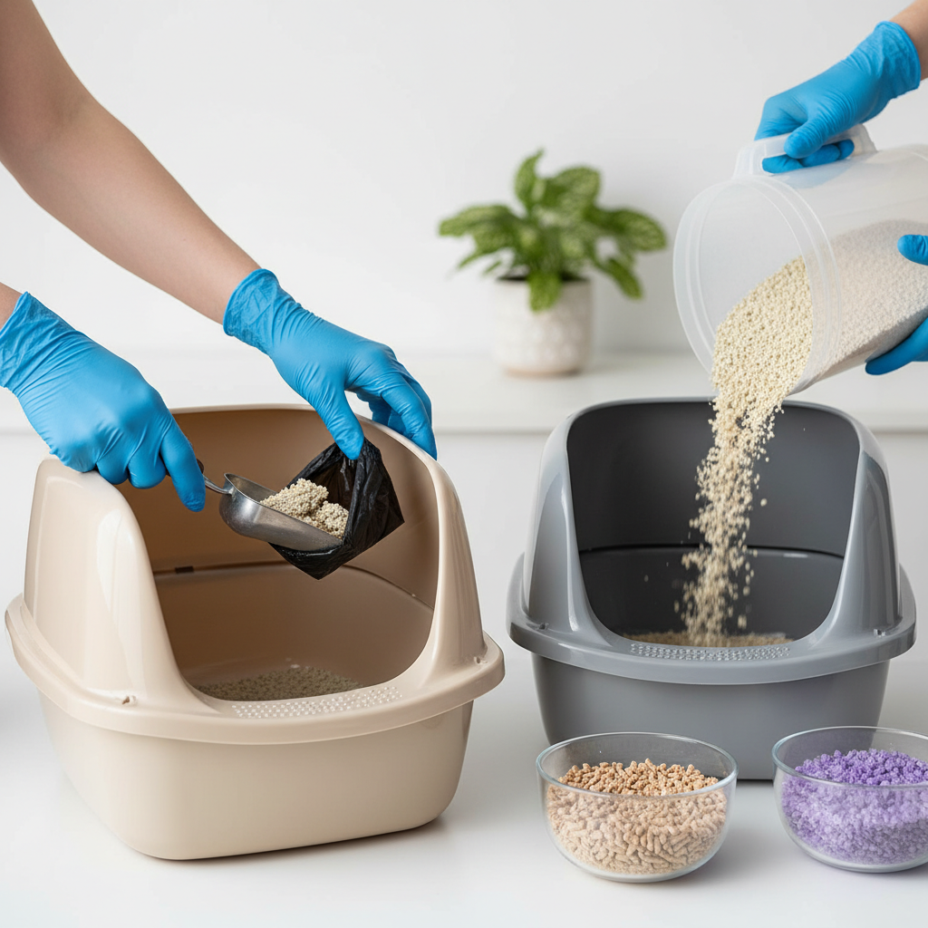 A bright, clean professional photograph illustrating the proper maintenance of a cat litter box. The main focus is on a pair of hands wearing gloves, meticulously scooping clumps of waste from a litter box into a small, opaque disposal bag. In the background, a freshly cleaned, empty litter box is visible. Another hand is shown pouring a fresh, clean type of cat litter into the empty box. The scene should convey cleanliness and care, with a neutral background, highlighting the actionable steps of daily scooping and refilling, possibly showcasing a few distinct types of litter.