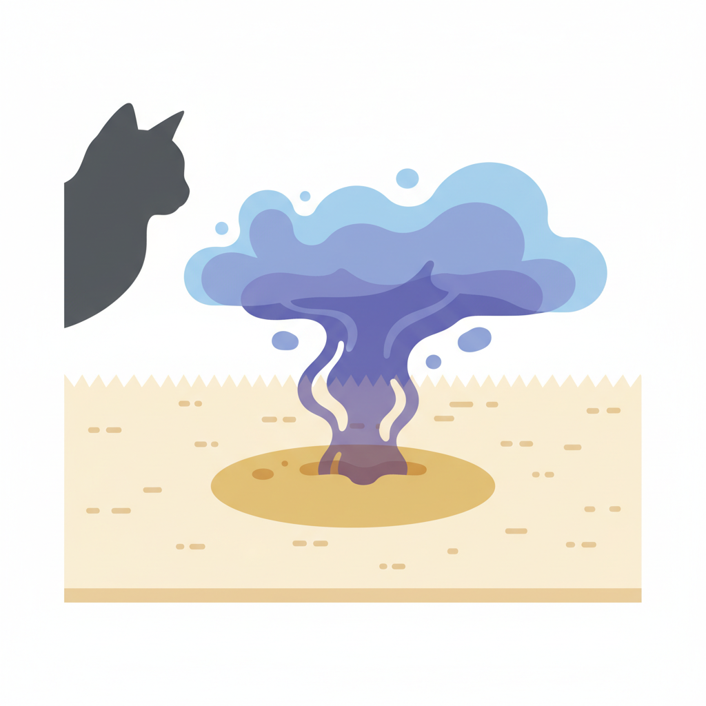 A modern, clean flat illustration depicting a fresh cat urine stain on a light-colored carpet. The visible yellow-brown stain is clearly present, but subtly, an invisible, ethereal purple or blue cloud emanates from the stain, representing the deep-seated uric acid crystals and persistent odor within the carpet fibers. This cloud should appear to penetrate beneath the surface. In the background, a silhouette or simplified illustration of a cat is partially visible, hinting at the source of the problem. The overall style should be infographic-like, making the invisible problem tangible without being overly complex.