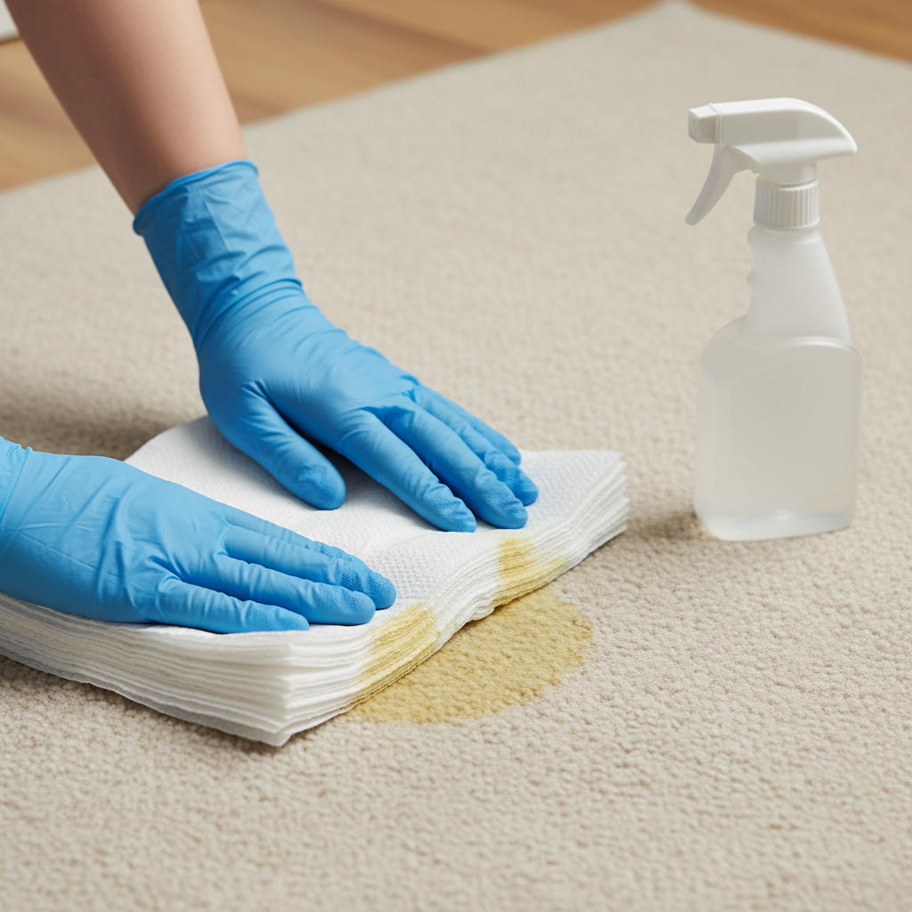 A professional, realistic photo or detailed digital illustration capturing the immediate action of cleaning a cat urine stain on a light-colored carpet. A pair of hands, wearing protective gloves, are actively pressing a stack of white paper towels firmly onto a visible, damp yellow stain, soaking up the liquid. In the background or slightly to the side, a generic spray bottle, clearly a cleaning product dispenser (without any brand labels or text), is positioned, suggesting the application of an enzymatic cleaner. The scene should convey urgency and effective cleaning technique, with a focus on the hands and tools.