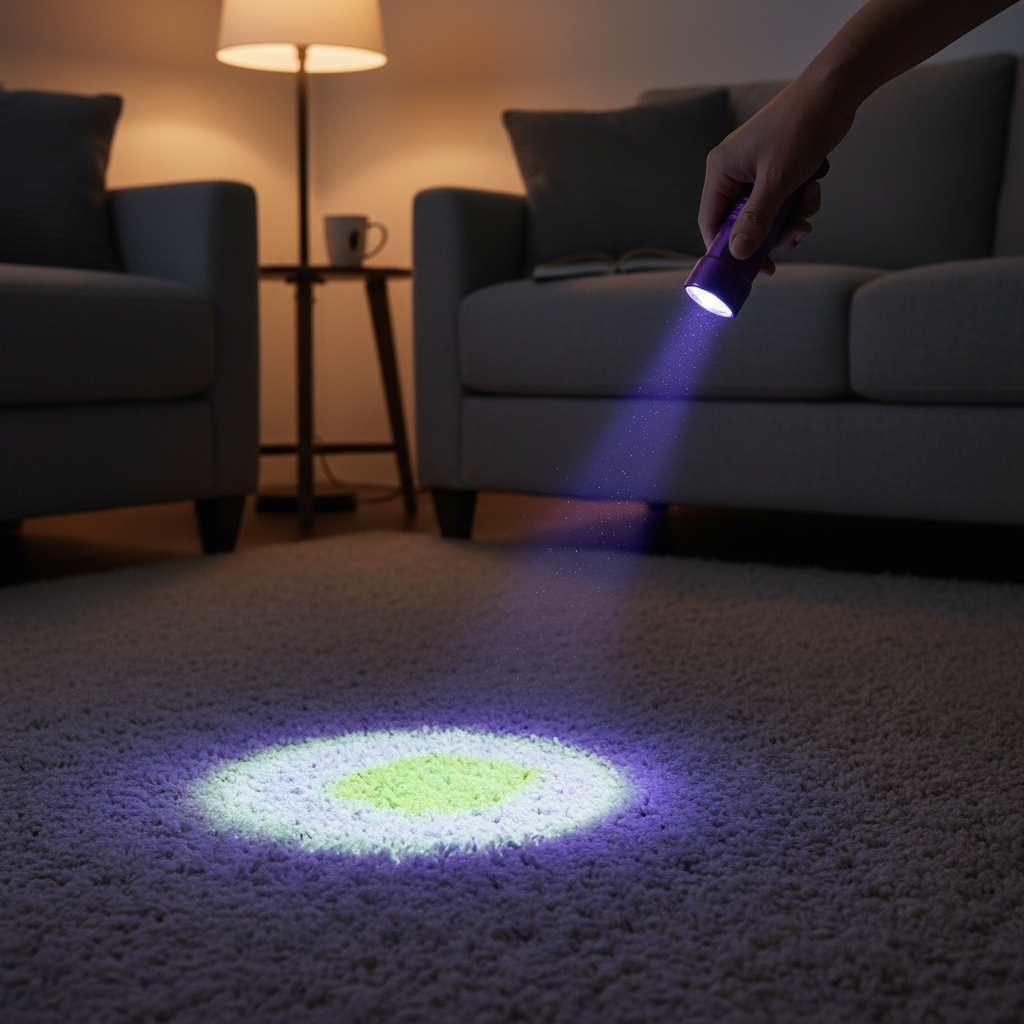 A realistic digital illustration or professional photo showing a cozy, domestic living room environment at dusk or with dimmed lights. A hand, holding a glowing purple UV blacklight flashlight, is directed towards a subtle stain on a light-colored carpet or a sofa cushion. The urine stain itself should be subtly illuminated with a characteristic greenish-yellow glow under the UV light, making it distinctly visible against the otherwise normal surroundings. The scene should convey the act of discovery and problem-solving, with soft, atmospheric lighting. Focus is on the UV light's effect on the hidden stain, not on the person holding it.