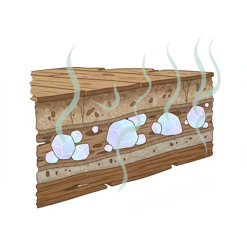 A detailed, infographic-style illustration depicting a cross-section of a porous surface, like a wooden floorboard or a carpet. Stylized, crystalline uric acid particles are shown deeply embedded within the material's layers, with tiny, abstract odor molecules (represented by faint, wavy grey or green lines) slowly emanating from them. The illustration emphasizes the deep penetration of the odor into the material, showcasing its persistent nature. The overall style should be clean, scientific yet approachable, with a subtle color palette highlighting the embedded particles and the escaping odor.