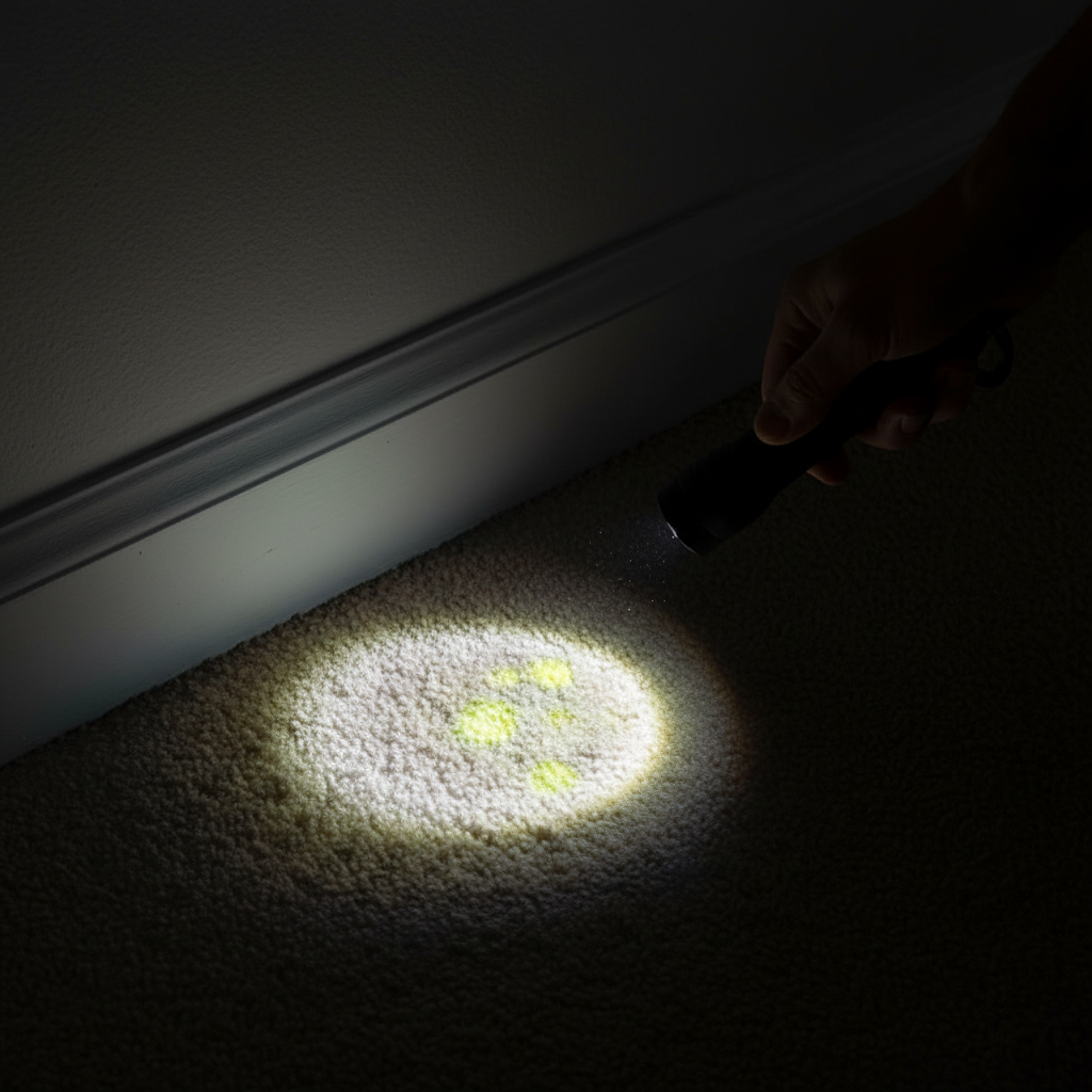 A realistic digital illustration or professional photo of a dimly lit interior room, focusing on a corner where a carpet meets a baseboard. A person's hands, holding a sleek, modern UV (blacklight) flashlight, direct its beam onto the surface. Under the concentrated UV light, several distinct, glowing yellowish-green stains are clearly visible on the carpet and along the baseboard, contrasting sharply with the surrounding dark areas. The scene conveys the act of discovery, highlighting the effectiveness of the UV lamp in revealing hidden odor sources.