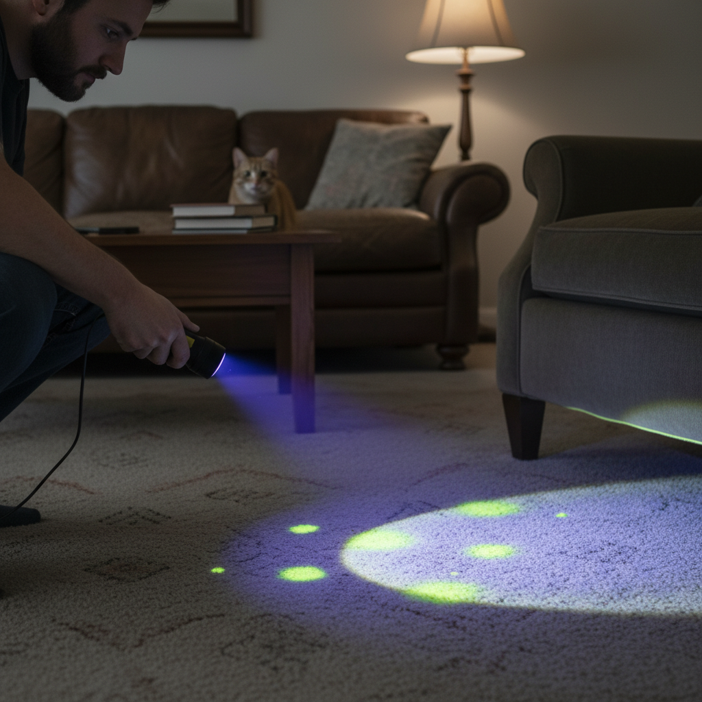 A person, seen from behind or profile, holds a UV blacklight lamp, shining it onto a carpet in a moderately lit living room. The UV light illuminates several distinct, glowing yellow-green spots on the carpet and a subtle outline on the bottom of a nearby armchair, revealing hidden pet urine stains that are otherwise invisible to the naked eye. A curious cat peeks from behind a sofa in the background. The overall scene should convey discovery and the 'invisible problem' aspect. Professional photo style with a slightly desaturated color palette, emphasizing the impactful UV glow.