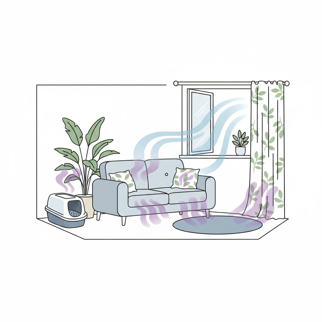 A stylized, clean flat illustration depicting a cozy living room interior in a cross-section view. Subtle, transparent purple 'odor' clouds or wavy lines emanate from various common hiding spots for cat smells: a litter box tucked in a corner, a plush sofa cushion, a specific patch of carpet, and the lower part of a window curtain. In contrast, fresh, light blue 'air' waves or subtle airflow lines gently waft through an open window, symbolizing the desired fresh atmosphere. The illustration should be visually appealing, clearly indicating the sources of odor without being gross. Clean vector art style.