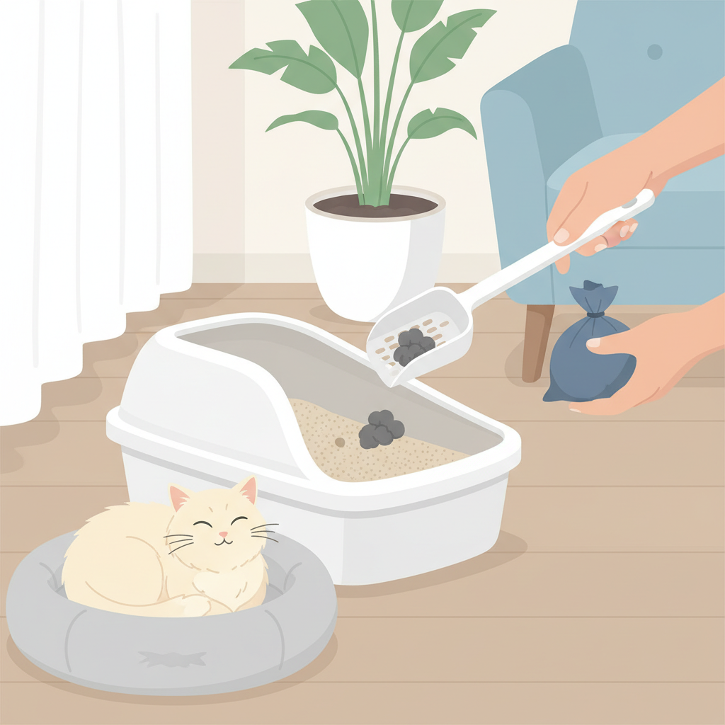 A bright, clean flat illustration depicting a modern, minimalist living space corner. A person's hands are gently scooping a small, tidy clump of waste from a pristine cat litter box using a scoop, placing it into a small, opaque waste bag. The litter box area is impeccably clean, and the surrounding environment suggests freshness and calm. A relaxed and happy cat is lounging nearby, looking content. The color palette should be soft and inviting, emphasizing hygiene and a pleasant atmosphere.