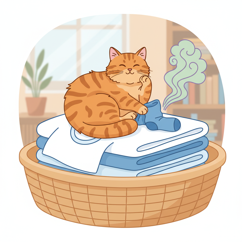 A flat illustration depicting a cute, fluffy domestic cat (e.g., a striped tabby) playfully lying near a pile of clean, folded laundry on a wooden surface, like a bed or a laundry basket. Subtle, stylized wavy lines or faint cloud-like wisps emanate from a specific piece of clothing, visually representing an unpleasant odor without being graphic. The cat looks innocent or slightly mischievous, perhaps grooming itself or simply resting contentedly on the fabrics. The background is a soft, uncluttered home interior. The overall impression is clean, friendly, yet clearly conveys the 'cat odor on clothes' problem.