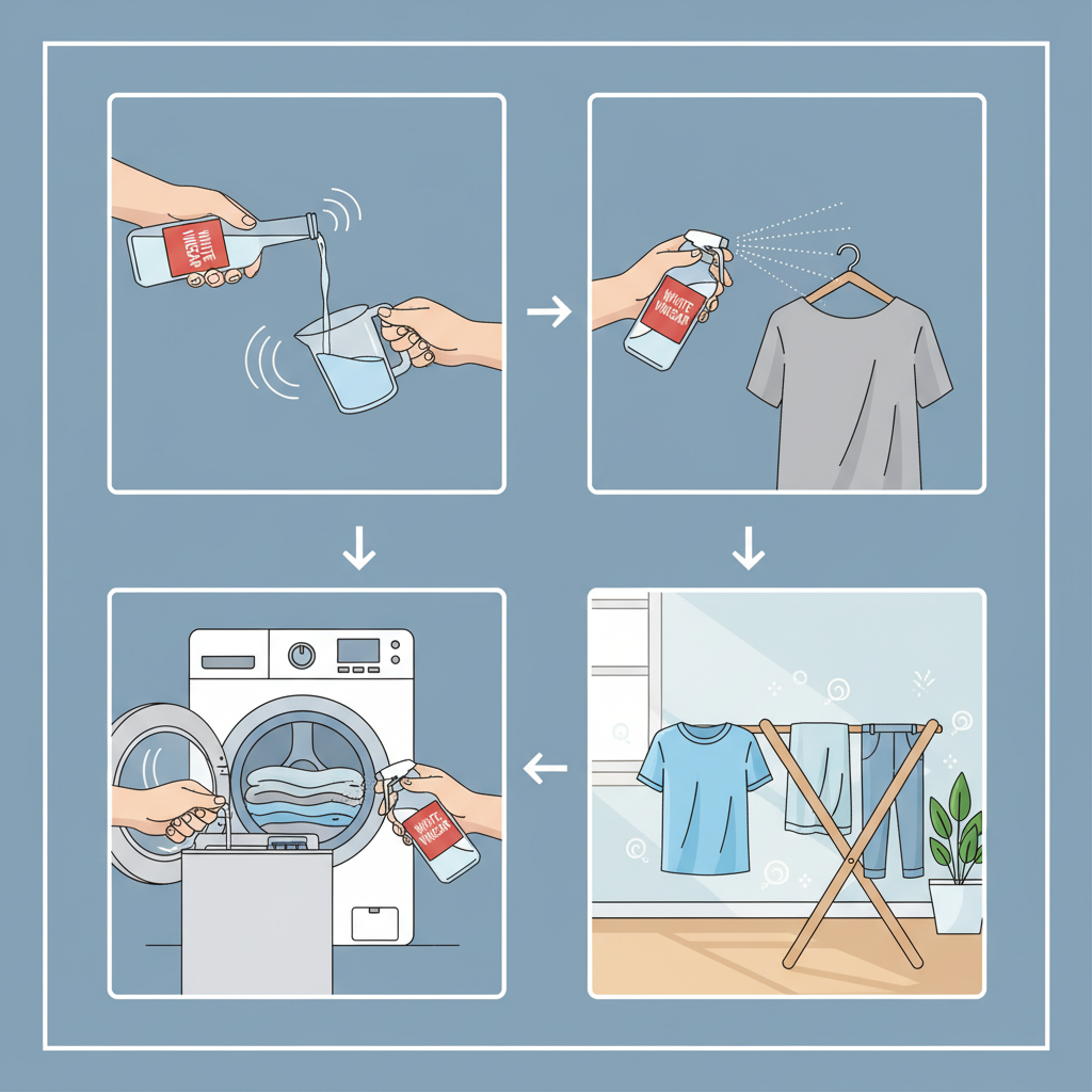 An infographic-style illustration showcasing the vinegar method for odor removal through a series of connected vignettes. The first shows a hand mixing white vinegar and water in a clear spray bottle. The second depicts the spray bottle being used to mist a generic piece of clothing. The third scene features a washing machine drum, with a small bottle of vinegar subtly positioned nearby or a hand pouring vinegar into the dispenser. The final vignette shows the freshly washed clothing hanging to air dry on a clothesline or drying rack in a bright, airy space. Clean lines, clear steps, and a professional, helpful aesthetic.