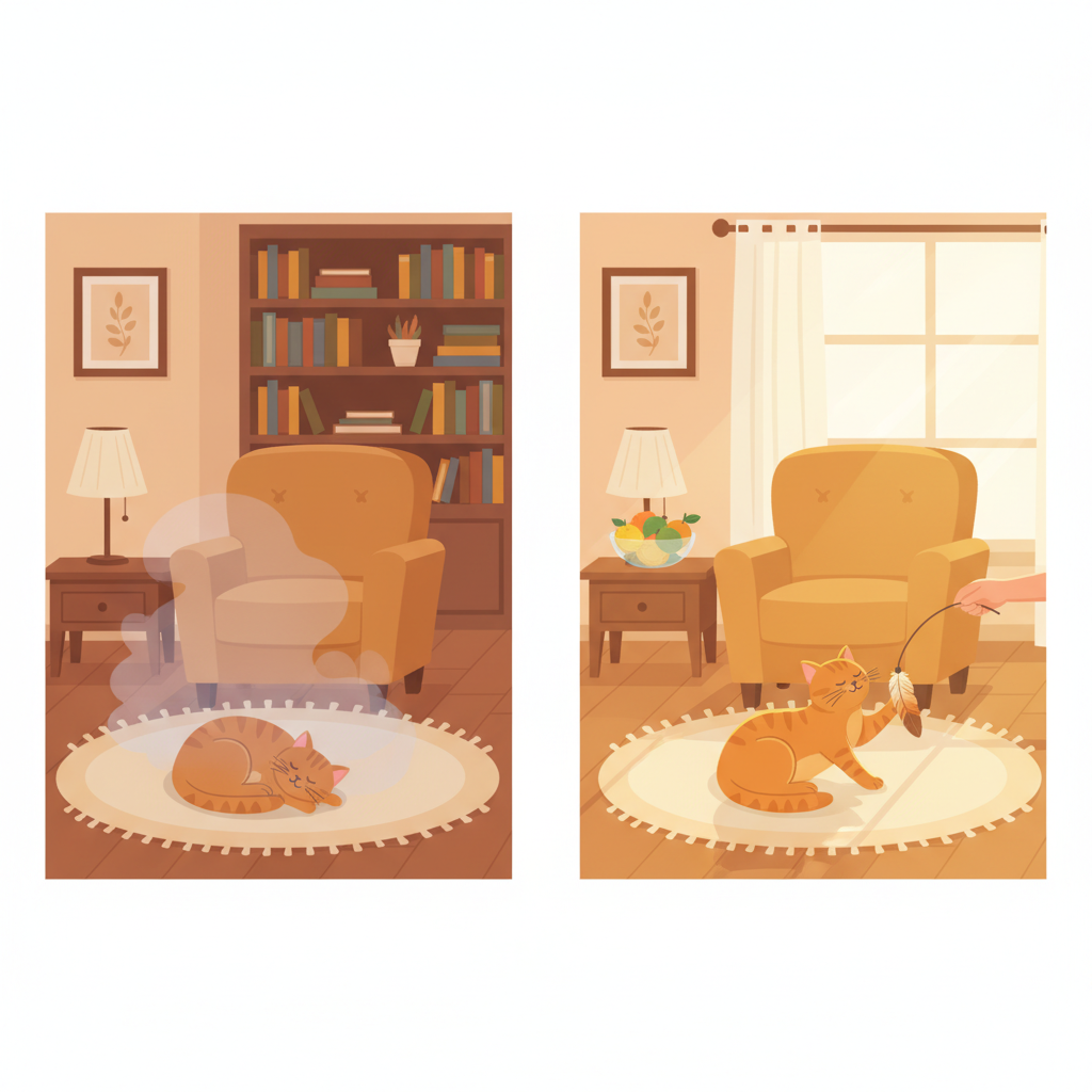 A two-panel, side-by-side flat illustration. The left panel shows a cozy living room with a cat relaxing on a rug. A faint, transparent grayish-purple mist subtly rises from a spot on the rug, visually representing unpleasant cat odor, giving a slightly stale atmosphere. The right panel shows the identical living room, now brightly lit by sunlight, with visibly clear, fresh air. A small, vibrant green plant or a bowl of fresh citrus fruits sits on a nearby table, symbolizing natural freshness. The cat is playfully engaged, and the atmosphere is inviting and clean. Style: Warm, friendly flat illustration with clear visual contrast.