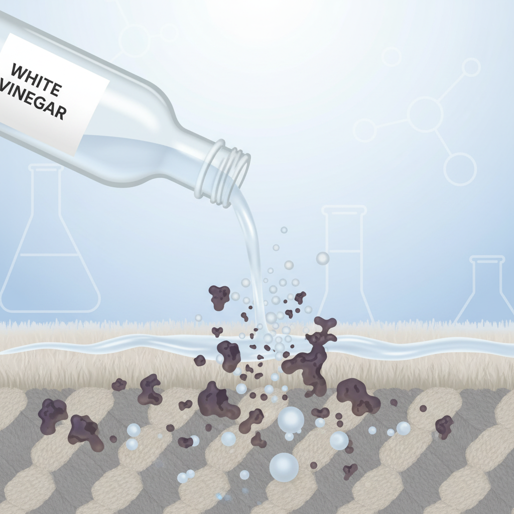 An infographic-style illustration demonstrating the action of vinegar against odor. The foreground features a generic bottle of white vinegar, gently pouring a stream of liquid onto a magnified section of a carpet fiber or upholstery fabric. Within the carpet fibers, abstract, dark, irregular shapes representing odor molecules are visible. As the vinegar liquid spreads, these dark shapes begin to fragment, dissolve, or transform into smaller, neutral, lighter-colored particles, visually indicating their neutralization. The overall background is clean and clinical, using a light color palette to emphasize the process. Style: Clean, conceptual infographic illustration with a focus on chemical interaction.