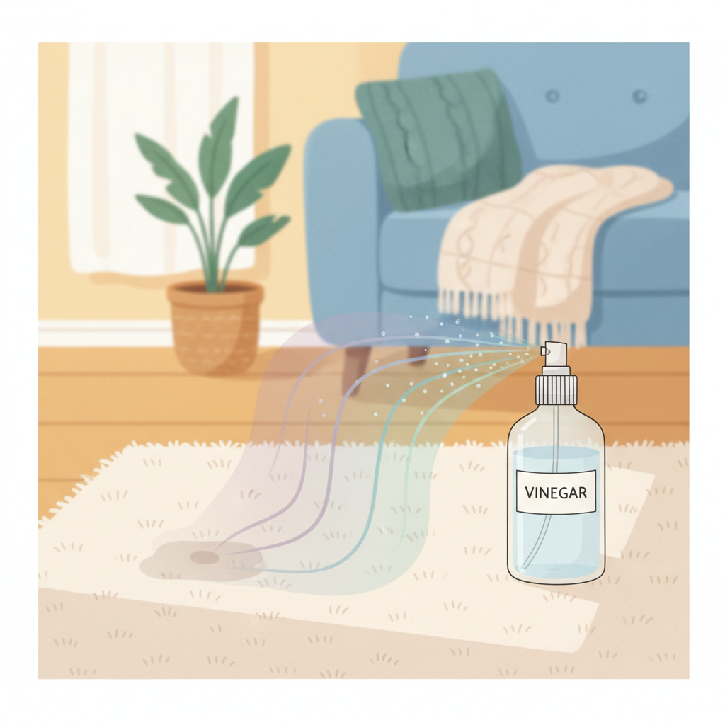 A close-up view capturing a subtle, almost invisible 'stain' on a textured carpet or wooden floor, representing lingering cat odor, with faint, dissipating abstract odor waves. Positioned next to it, a clear spray bottle containing a colorless liquid (vinegar) emits a gentle, refreshing mist, visually neutralizing the odor. The background suggests a warm, inviting home interior, emphasizing cleanliness and comfort. The overall mood should be one of transformation from problematic odor to freshness. Flat illustration with clean lines, soft gradients, and a calming color palette.