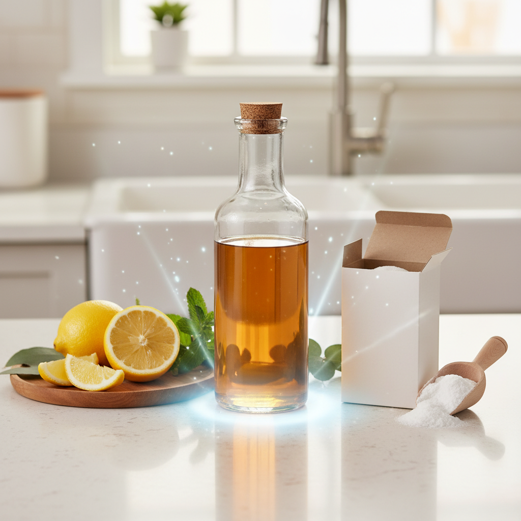 A bright, professional photo showcasing a collection of natural home remedies on a clean, light-colored kitchen countertop. A clear glass bottle, implying vinegar, is centrally placed, surrounded by other generic, unlabeled items like an open box of baking soda and a sliced lemon. A subtle, luminous aura emanates from these elements, symbolizing their odor-neutralizing power and the resulting freshness. The composition should convey a sense of natural efficacy and cleanliness, with soft, inviting lighting and a shallow depth of field.