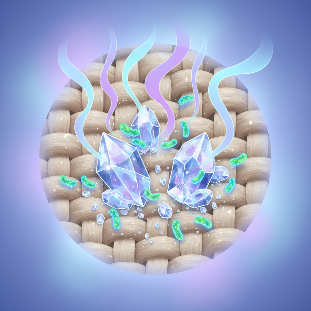 A vibrant, detailed infographic-style illustration depicting the microscopic cause of cat odor. The central focus is a magnified view of a fabric surface (like a carpet fiber) with shimmering, abstract uric acid crystals embedded within. Tiny, active bacteria are visually represented around these crystals, emitting subtle, wavy ammonia-like 'smell' particles into the air. The overall visual should convey the scientific process of odor generation, emphasizing the breakdown of crystals by bacteria. Use a clean color palette with blues, purples, and subtle green for bacteria, on a neutral fabric background.