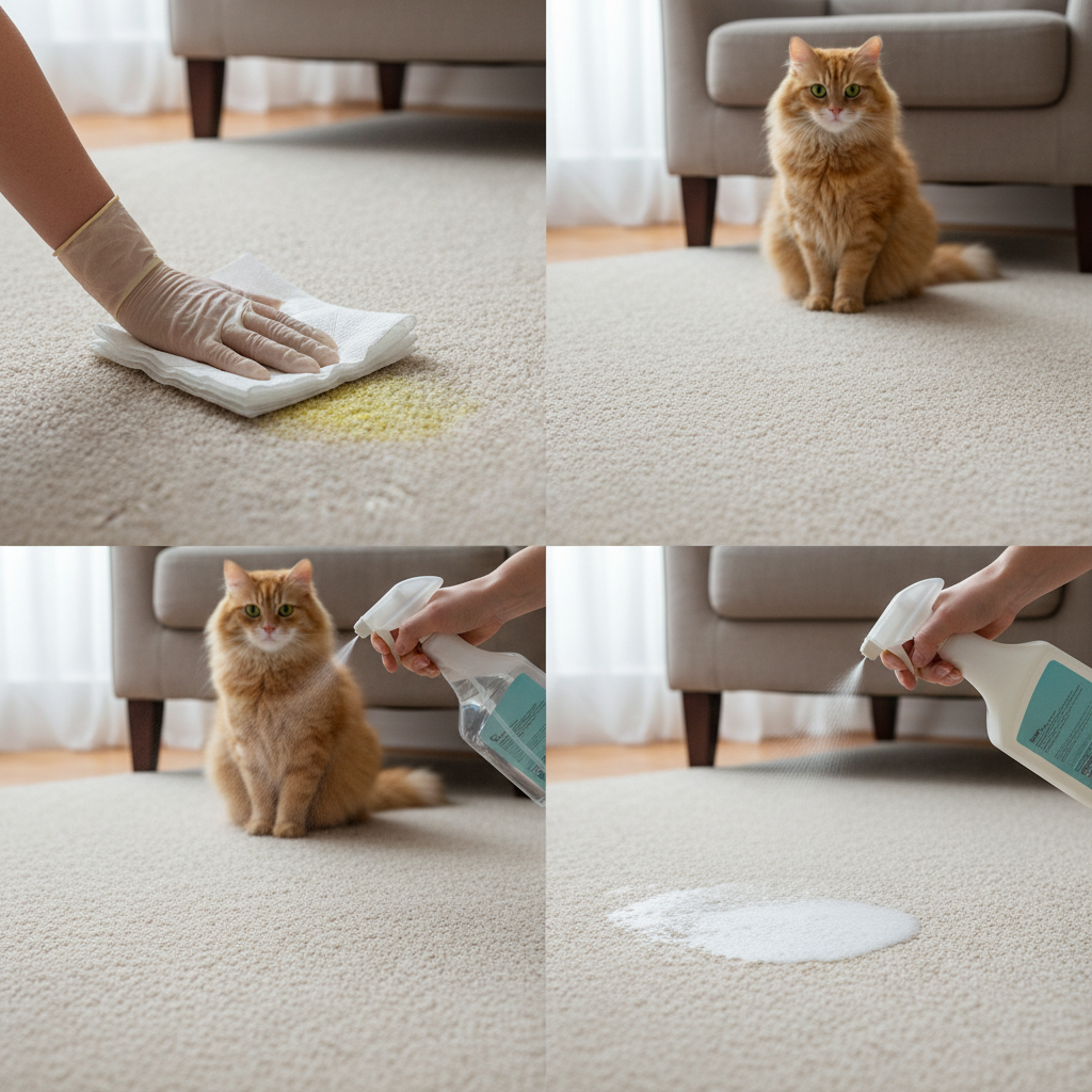A clear, action-oriented professional photograph or realistic digital painting illustrating the immediate steps to treat a fresh cat urine stain on a light-colored carpet. The scene shows three sequential actions: first, a hand firmly pressing absorbent paper towels onto a damp, yellow-tinged spot; second, the same area being gently sprayed with clear water from a small spray bottle; and third, an enzymatic cleaner bottle (without a visible brand name) being applied directly to the now-dampened spot. A curious, clean-looking cat is visible in the background, observing the process from a comfortable distance.