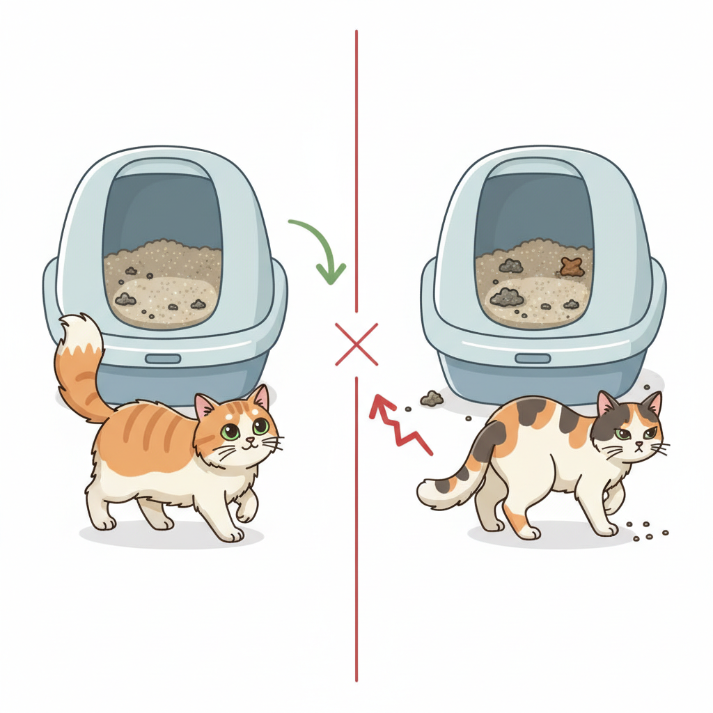 An infographic-style illustration contrasting two identical cat litter boxes. On the left side, a pristine, freshly cleaned litter box is shown, filled with sparkling clean clumping litter, with a calm, happy cat comfortably approaching or sitting near it, conveying contentment. On the right side, the same litter box is depicted as visibly dirty, with several distinct soiled clumps and a displeased or hesitant cat turning away, tail down, or looking stressed. The illustration highlights the stark difference in a cat's well-being and preference for a clean environment.