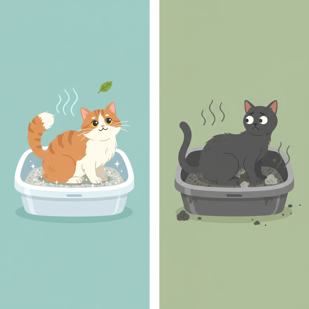 A vibrant flat illustration depicting a split scene. On one side, a sparkling clean, modern cat litter box with fresh litter, and a healthy, contented cat comfortably using it. Subtle visual cues of freshness like a gentle breeze or a small green leaf. On the other side, a visibly dirty and neglected litter box with noticeable clumps and a stressed, unhappy cat actively avoiding it, perhaps looking away with a frown. Visual cues of unpleasant odor like wavy grey lines. The illustration emphasizes the contrast between good and poor hygiene.