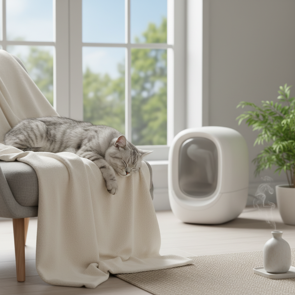 A professional photo capturing a serene and clean home environment, with a well-groomed, relaxed cat comfortably napping on a soft blanket or looking out a window. In the background, subtly out of focus but clearly present, is a immaculately clean, modern cat litter box, blending seamlessly into the tidy room. The overall impression should be one of calm, freshness, and excellent hygiene, promoting a healthy lifestyle for both pet and owner.