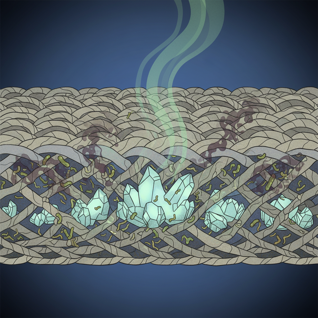 A highly detailed, scientific infographic illustration depicting a magnified cross-section of carpet fibers. Within the intricate weave of the fibers, show glowing, jagged uric acid crystals deeply embedded. Surrounding these crystals, illustrate faint, swirling ammonia vapor and other complex odor-causing molecules as abstract, dark purple or greenish-brown clouds. Tiny, rod-shaped bacteria are visible clinging to the fibers and crystals. A subtle, unpleasant vapor visually emanates upwards from the affected area, symbolizing the persistent odor. The style should be clean, precise, and educational, resembling a microscopic view with an artistic touch.