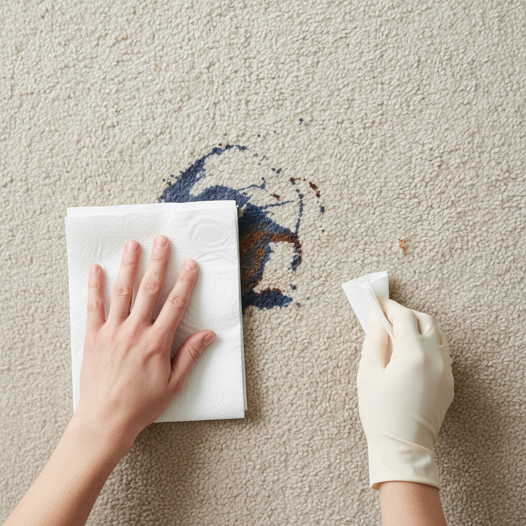 A professional, bright, and clean overhead photo of hands performing an immediate cleanup on a light-colored carpet. One hand gently holds a small stack of thick, white paper towels, pressing them carefully onto a circular, abstract dark spot on the carpet, simulating blotting liquid. Another hand, wearing a simple, light-colored glove, uses a small, flat, generic scraper or folded paper towel to carefully lift a tiny, indistinct piece of solid material from an adjacent area. The focus is on the action of quick, gentle absorption and removal. The carpet texture is clearly visible, and the overall scene conveys efficiency and care.