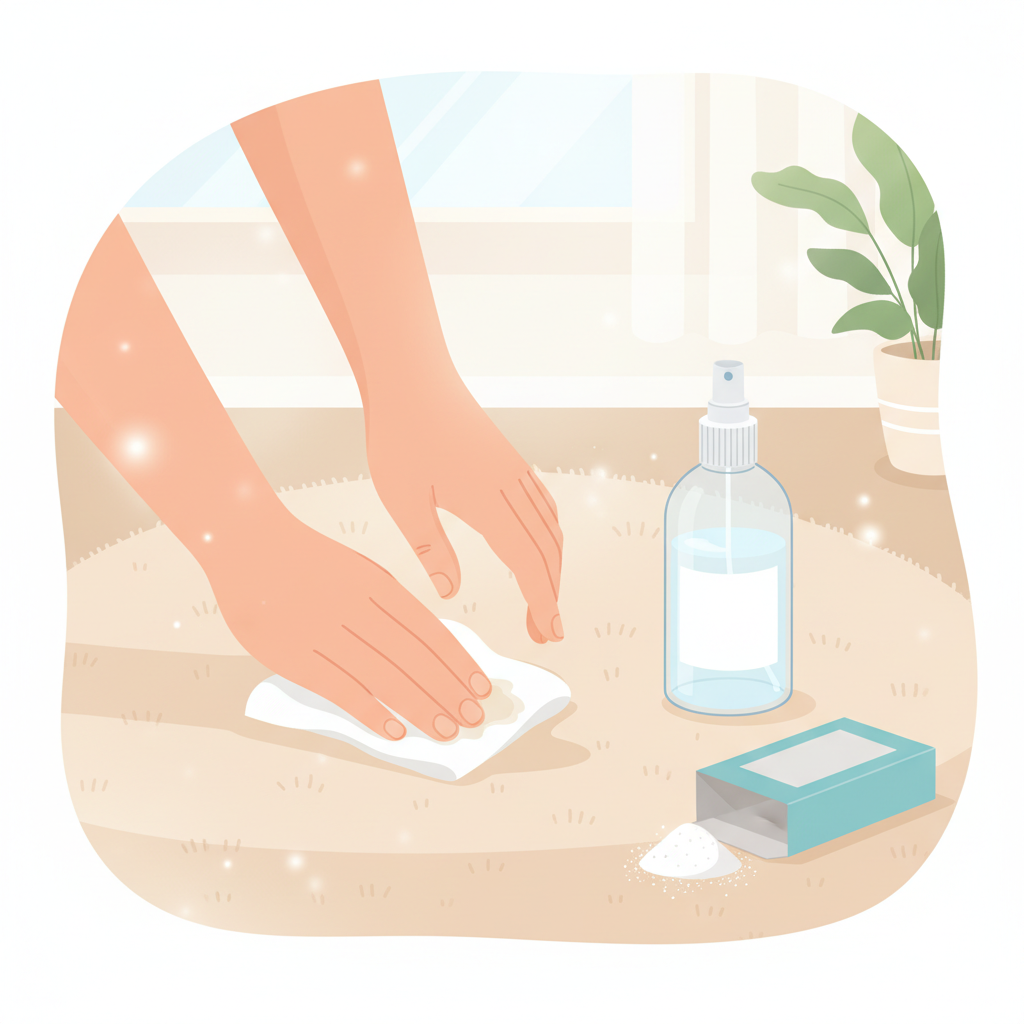 A flat illustration depicting a clean, bright home environment, perhaps a section of a carpet or upholstery. A pair of human hands, depicted with a gentle and careful posture, are dabbing a small, subtly indicated wet spot on the fabric with a white paper towel. Nearby, common household items are neatly arranged: a spray bottle containing a clear liquid (symbolizing vinegar solution) and an open box or pile of white powder (representing baking soda). The scene should convey a sense of calm, effective, and quick cleanup using simple remedies, emphasizing cleanliness and ease. Soft, inviting color palette.