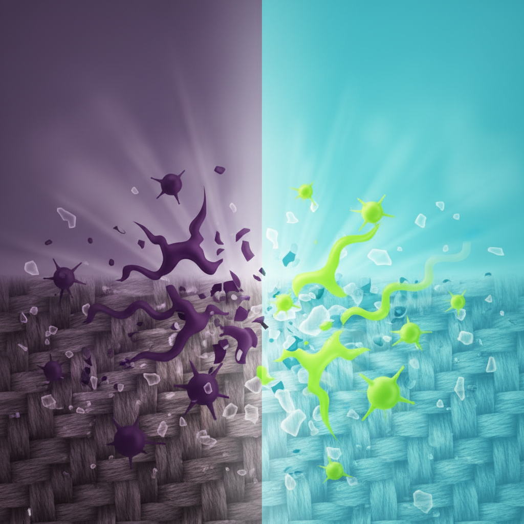 An infographic-style illustration detailing the process of odor neutralization at a microscopic level. On one side, abstract, stylized 'odor molecules' (e.g., jagged purple or dark cloud shapes) are depicted emanating from the fibers of a fabric or carpet, suggesting an unpleasant smell. On the other side, distinct 'neutralizing molecules' (e.g., bright green, star-like, or gentle wave shapes) are shown actively interacting with and breaking down the odor molecules, transforming the area into a visually clean and fresh space. The illustration should clearly show the transition from a malodorous state to a neutral one, highlighting the scientific effectiveness. Clean, digital art style.