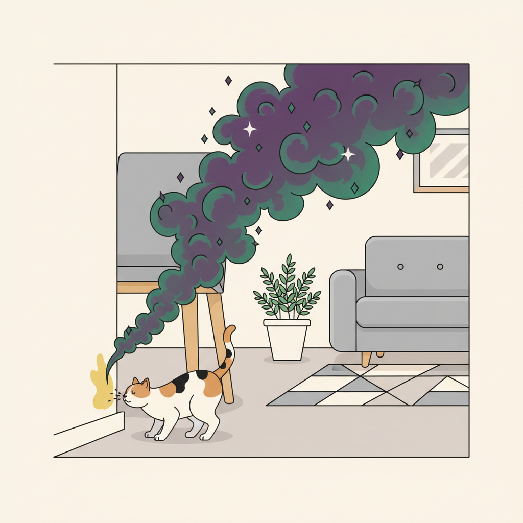 A detailed, slightly stylized flat illustration depicting a domestic cat discreetly spraying a vertical surface, such as a wall corner or a furniture leg. From the freshly marked spot, a strong, swirling purple or green odor cloud visibly emanates and spreads, looking persistent and unpleasant. Subtle, tiny crystalline structures are interwoven within the odor cloud to represent uric acid. The background is a modern, otherwise clean home interior, creating a stark visual contrast between the tidy environment and the pervasive, foul smell. The illustration uses clear lines and soft shadows to emphasize the visual discomfort of the odor.