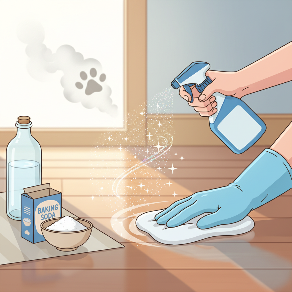 A bright, clean, and optimistic digital illustration showing a close-up of hands diligently cleaning a floor or furniture surface where a cat mark was. One hand holds a generic spray bottle, actively misting the area, while the other hand uses a cleaning cloth to wipe. Visible nearby are household items commonly associated with home remedies for odor removal, such as an unlabelled bottle of vinegar, a simple box of baking soda, and a small bowl containing a mixture. Above the now-cleaned area, the air appears fresh and sparkling, contrasting with a faint, receding greyish odor cloud in the 'before' area of the frame, symbolizing successful neutralization.