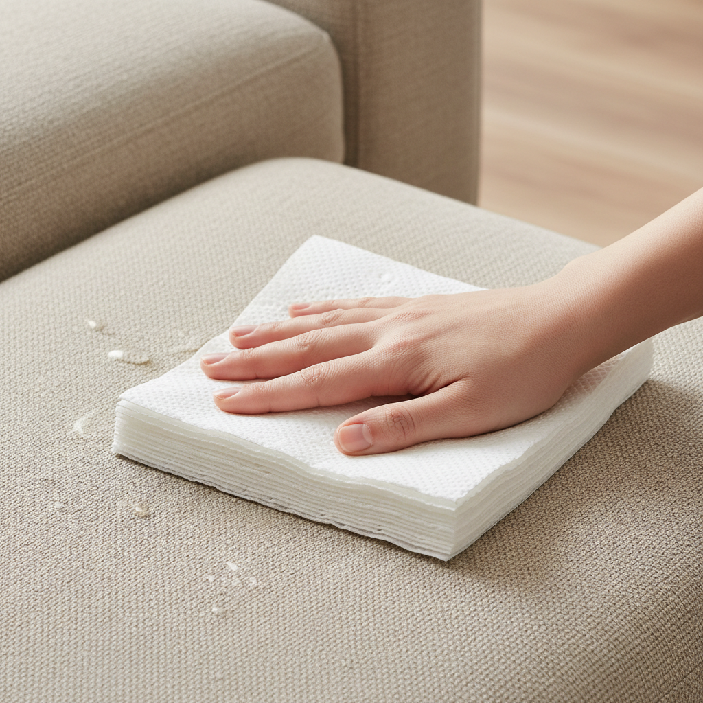A clear, professional photo, captured from a slightly elevated perspective, showcasing a crucial cleaning step. A human hand, with neat fingers, firmly presses a stack of thick, white absorbent paper towels onto a visible, damp spot on a light-colored, textured fabric couch. The fibers of the couch fabric and the distinct layers of the paper towels are sharply in focus, highlighting the act of liquid absorption. The lighting is bright and even, emphasizing cleanliness and the effectiveness of the action.
