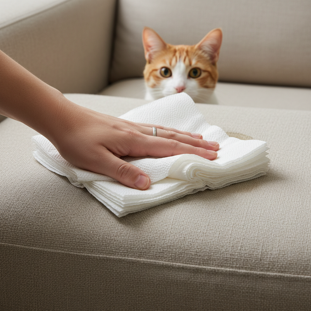 A professional photo, close-up perspective focused on an immediate action. A human hand, wearing a simple ring, is firmly pressing a stack of clean, white paper towels onto a fresh, slightly damp spot on a textured, light-colored fabric sofa. The surrounding sofa cushion appears soft and inviting. In the softly blurred background, a domestic short-haired cat (e.g., a sleek tabby or ginger) is partially visible, peeking with curious or slightly guilty eyes from behind the sofa arm.