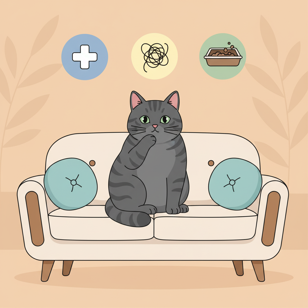 A flat vector illustration with clean lines and a friendly, modern aesthetic. A domestic cat, perhaps a gray tabby, is sitting somewhat thoughtfully on a comfortable, stylish sofa. Above the cat's head, three small, distinct symbolic icons float. One icon is a minimalist medical cross, another is a tangled, abstract line representing stress, and the third is a simple icon of a slightly overflowing or dirty litter box. The colors are soft and inviting, emphasizing understanding without showing distress.