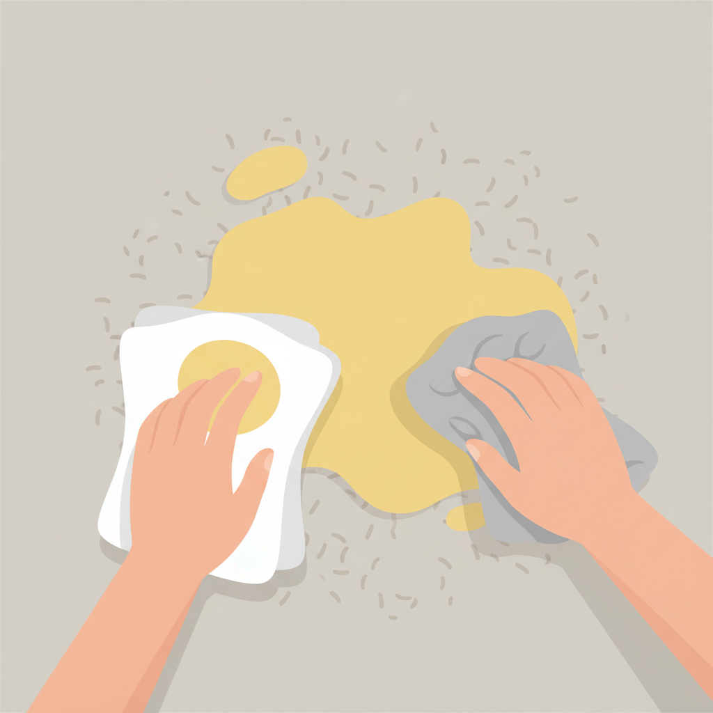 A clean, modern flat illustration showing a top-down view of a beige carpet with a fresh, damp yellow stain. On one side, a hand holding stacked white paper towels is gently pressing down on the stain, effectively absorbing the liquid into the towels. The towels show a visible wet patch. On the opposite side, a different hand is depicted aggressively rubbing the same type of stain with a single, rumpled cloth, appearing to spread it further. The illustration highlights the contrast between dabbing for effective absorption and rubbing, which is ineffective. Soft, natural lighting and a minimalist background.