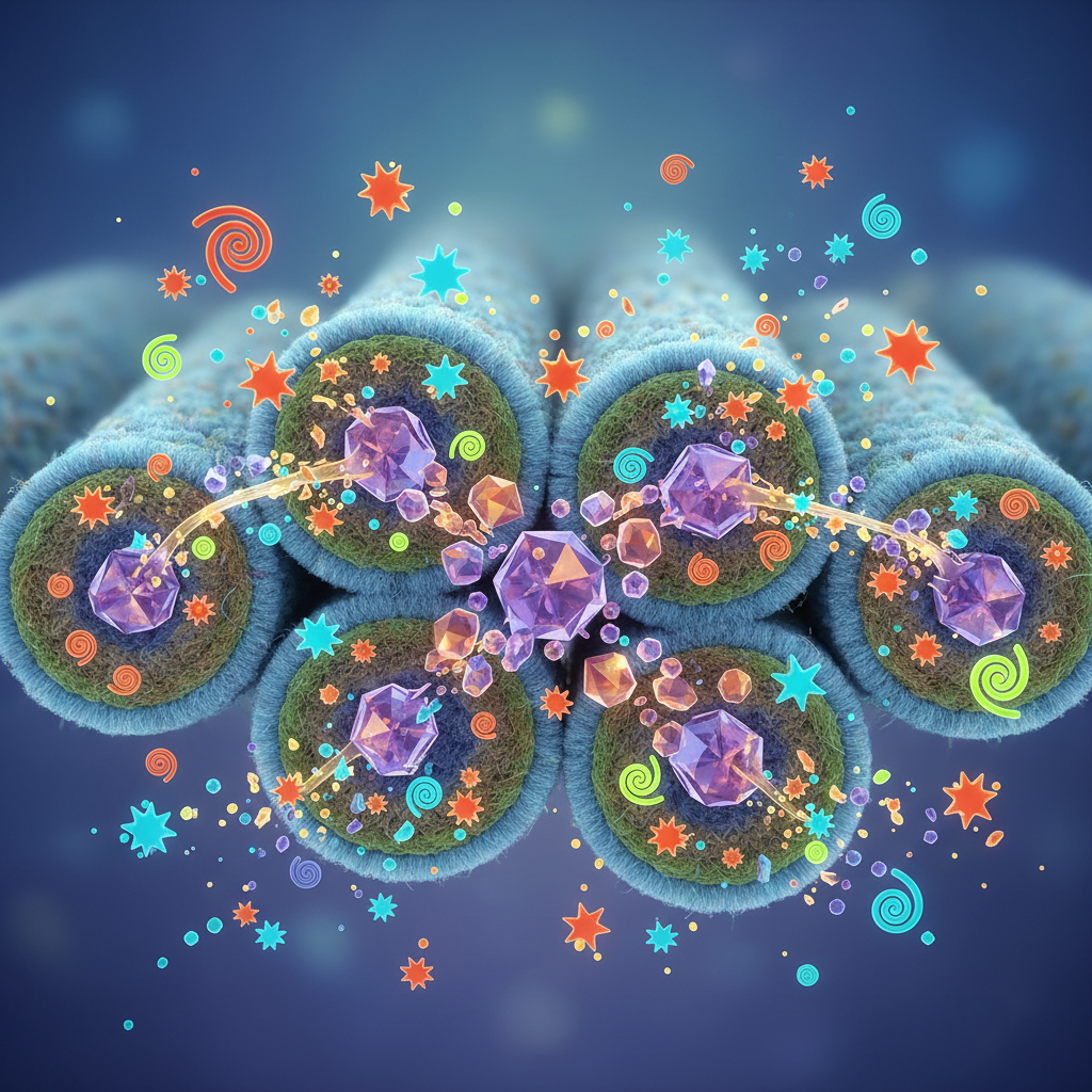 An abstract scientific illustration depicting the microscopic action of enzyme cleaners on cat urine. The scene shows stylized cross-sections of carpet fibers (fuzzy strands). Within these fibers, small, crystalline structures, representing uric acid crystals, are visible. Various smaller, active shapes, symbolizing enzyme molecules, are shown actively attaching to and fragmenting these crystals, breaking them down into even smaller, dissolving particles. The overall impression is one of a detailed, clean process, showing how specialized enzymes neutralize the source of the stubborn odor. Use a vibrant yet professional color scheme.