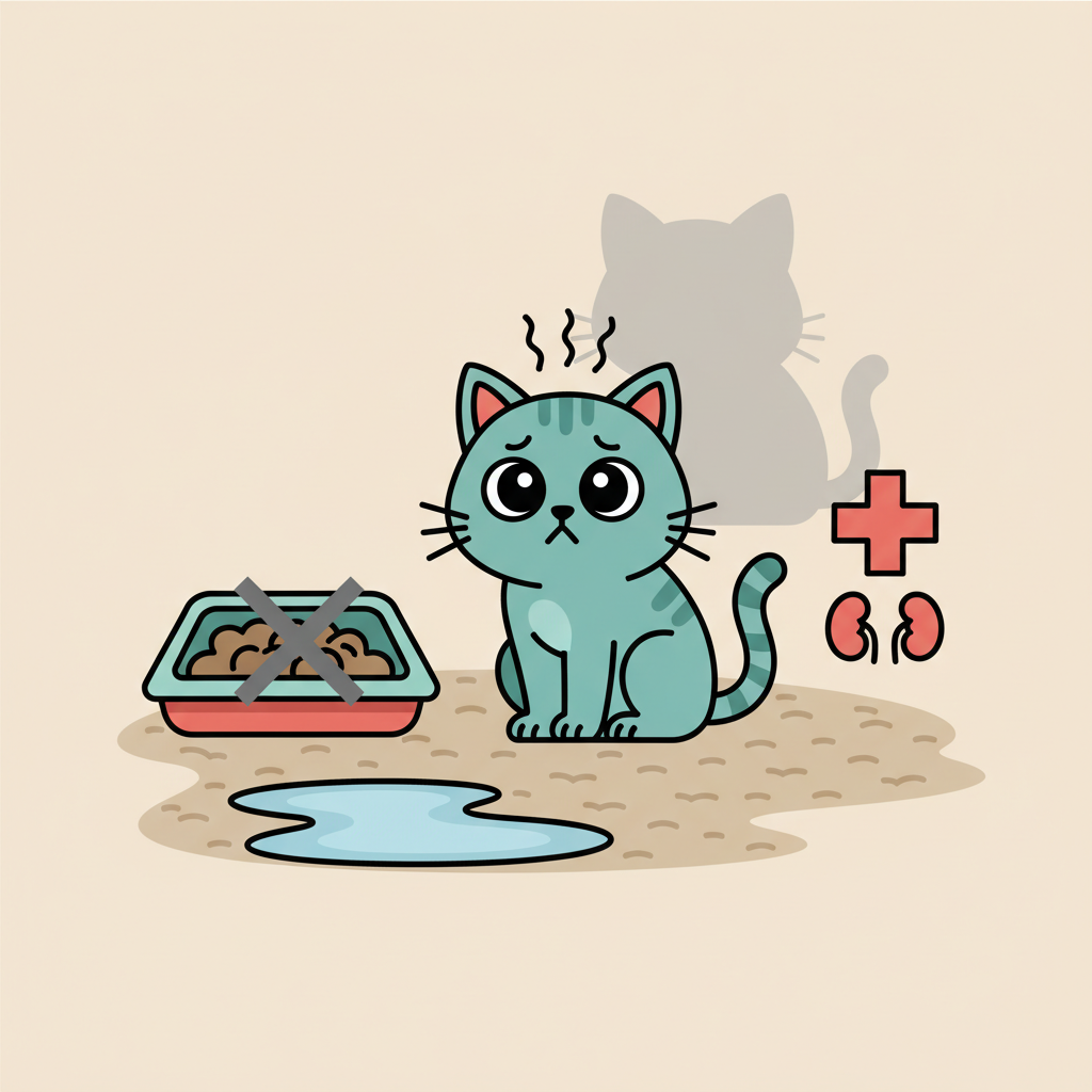 A clean, modern flat illustration depicting various common reasons why a cat might urinate outside its litter box. The central focus is a cartoon-style cat sitting near a small, ambiguous wet spot on a neutral carpet. Around the cat, subtle visual cues represent different issues: a slightly stressed or worried cat expression for anxiety, a small, simplified diagram of a dirty or unsuitable litter box, a faint 'medical cross' icon nearby for health problems, and a shadowy outline of another cat in the background for territorial marking. The overall style is infographic-like, clear, and easy to understand.
