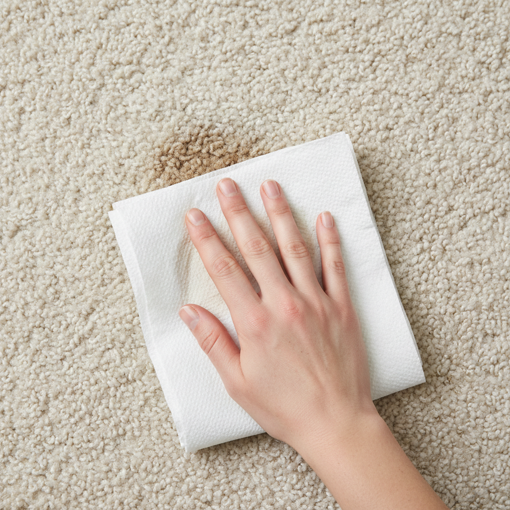 A professional, close-up photograph or highly realistic digital illustration focusing on a section of a light-colored, textured carpet. A distinct, slightly darker wet spot (suggesting fresh cat urine) is visible on the carpet fibers. A human hand, with clean fingers, is gently pressing several layers of white, highly absorbent paper towels or a clean, white cloth directly onto the wet spot, effectively blotting and soaking up the liquid. The image should convey immediacy and effective action, highlighting the importance of quickly absorbing the stain.